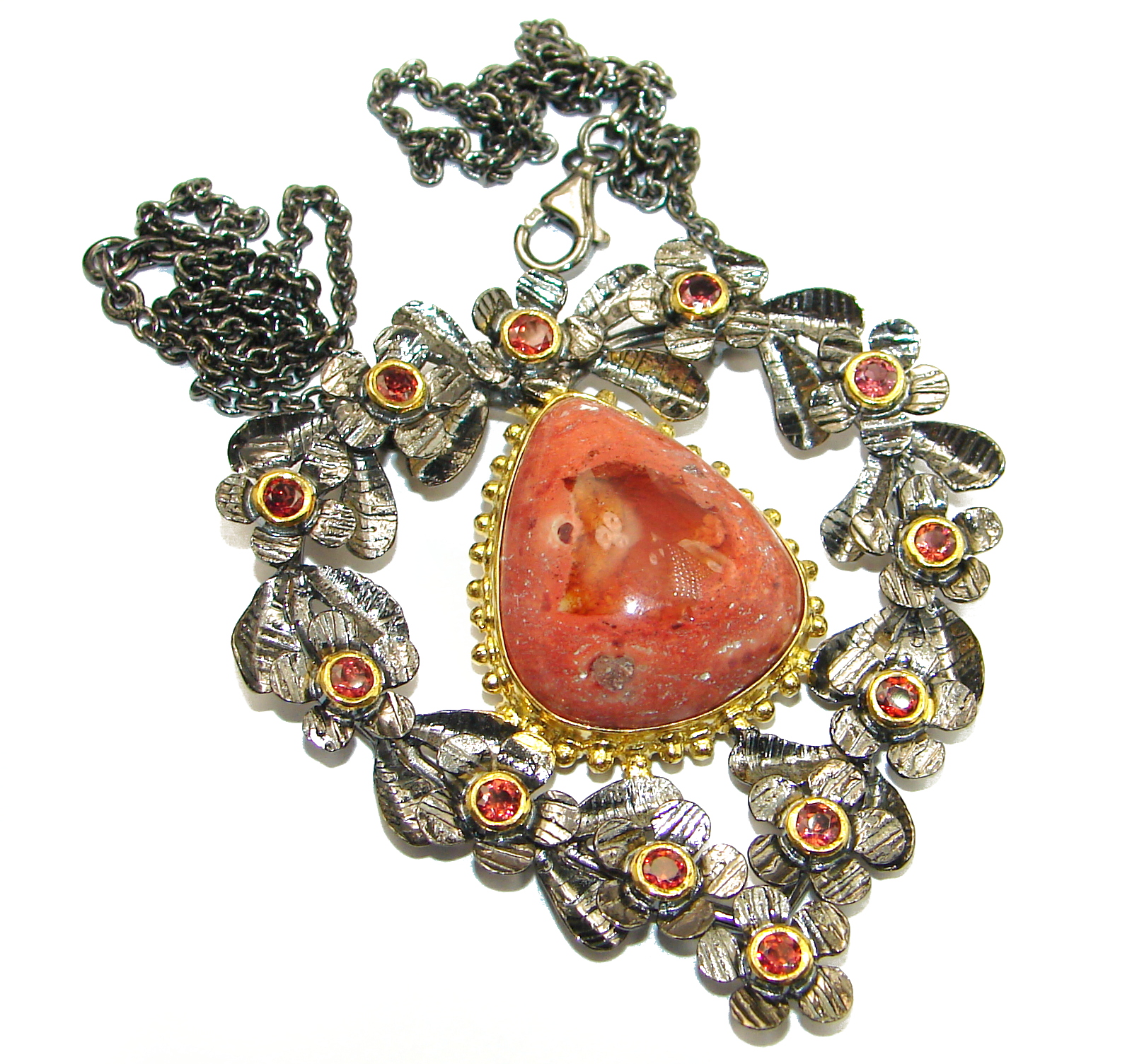 Sweet Heart Mexican Fire Opal Garnet Gold over .925 Sterling Silver handmade Necklace