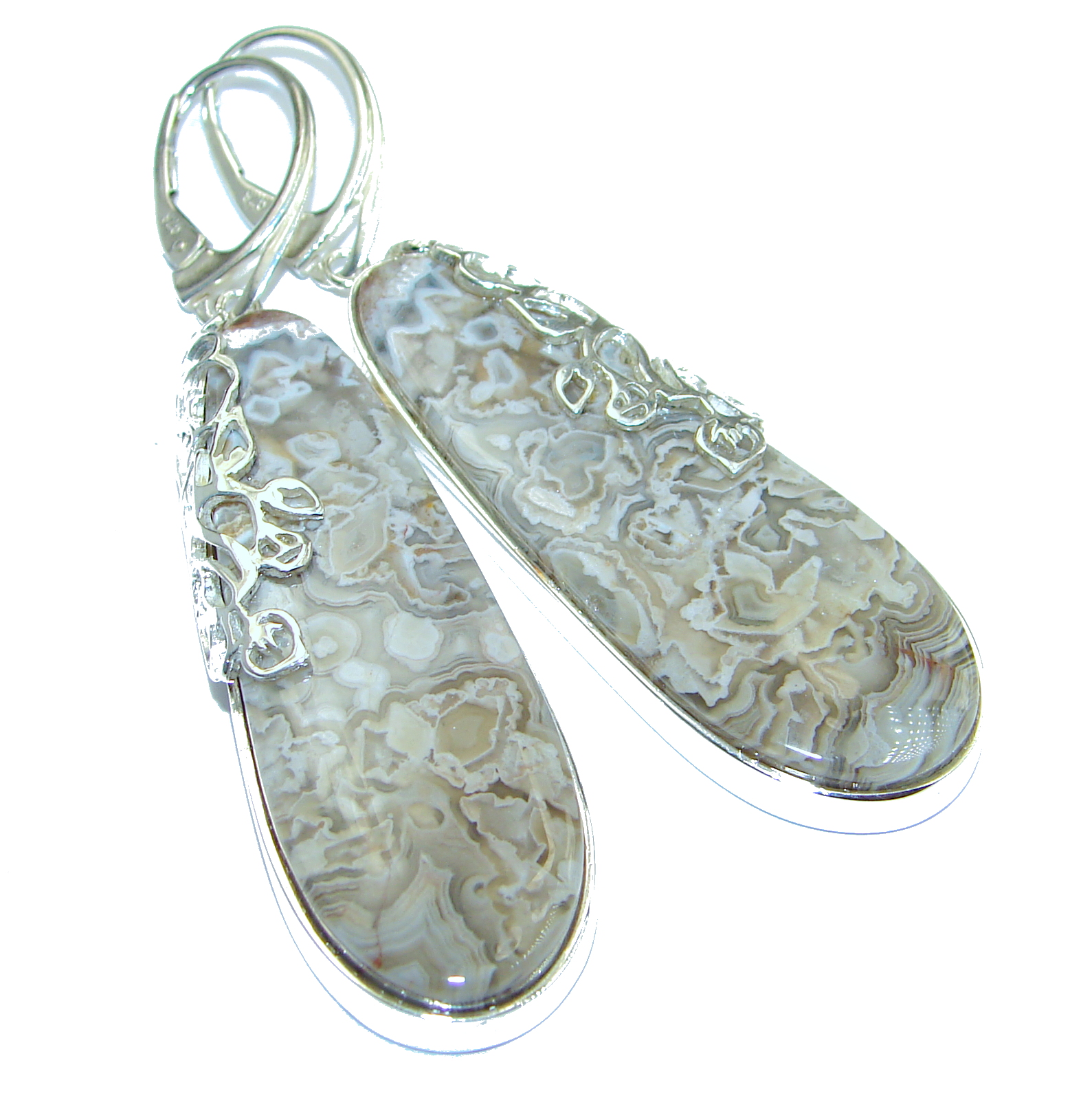 Unique Bohemian Style Crazy Lace Agate .925 Sterling Silver handcrafted Earrings