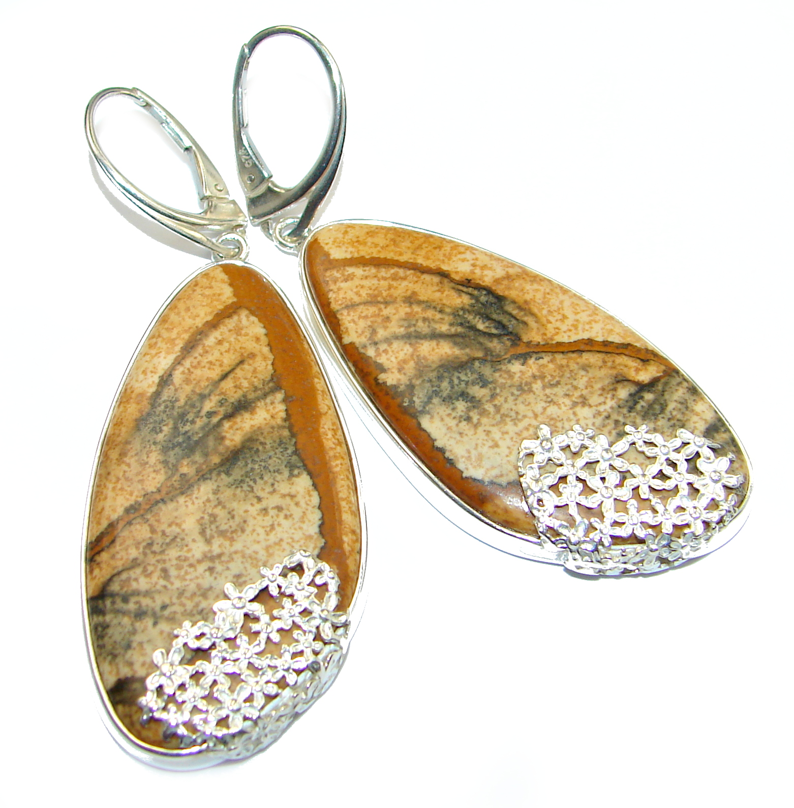 Huge Bohemian Style Picture Jasper .925 Sterling Silver handcrafted earrings