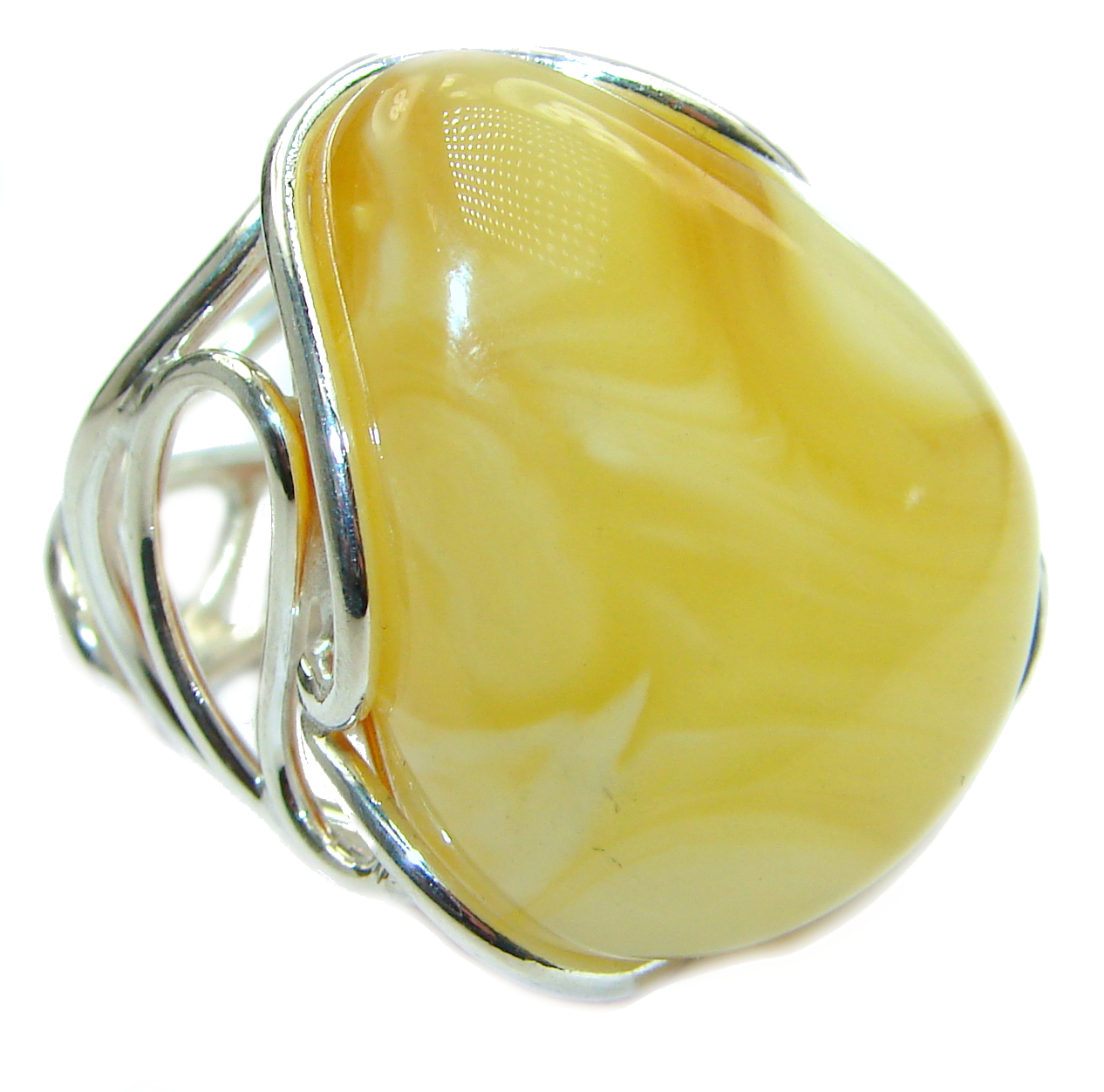Huge Genuine Butterscotch Baltic Polish Amber .925 Sterling Silver handmade Ring size 7 adjustable