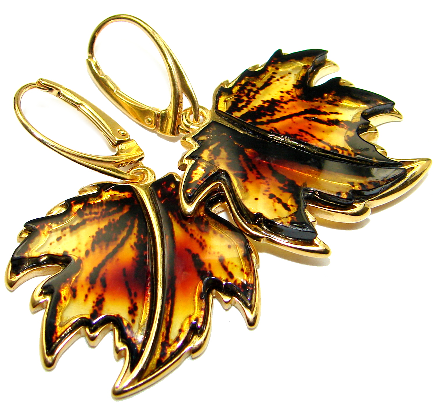 Genuine carved Baltic Amber 18K Gold over .925 Sterling Silver Earrings