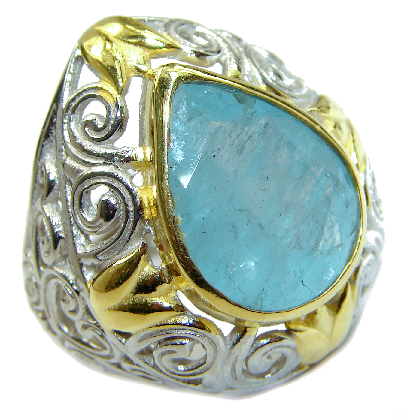 Blue Treasure Aquamarine 14k Gold over .925 Sterling Silver handmade ring s. 8 1/4