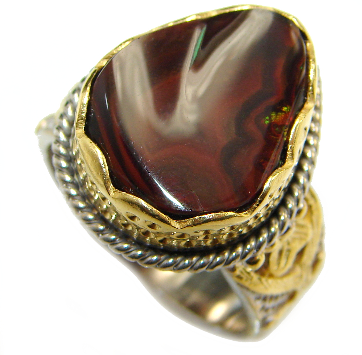 Genuine Fire Agate 18k Gold over .925 Sterling Silver Handcrafted Ring size 8