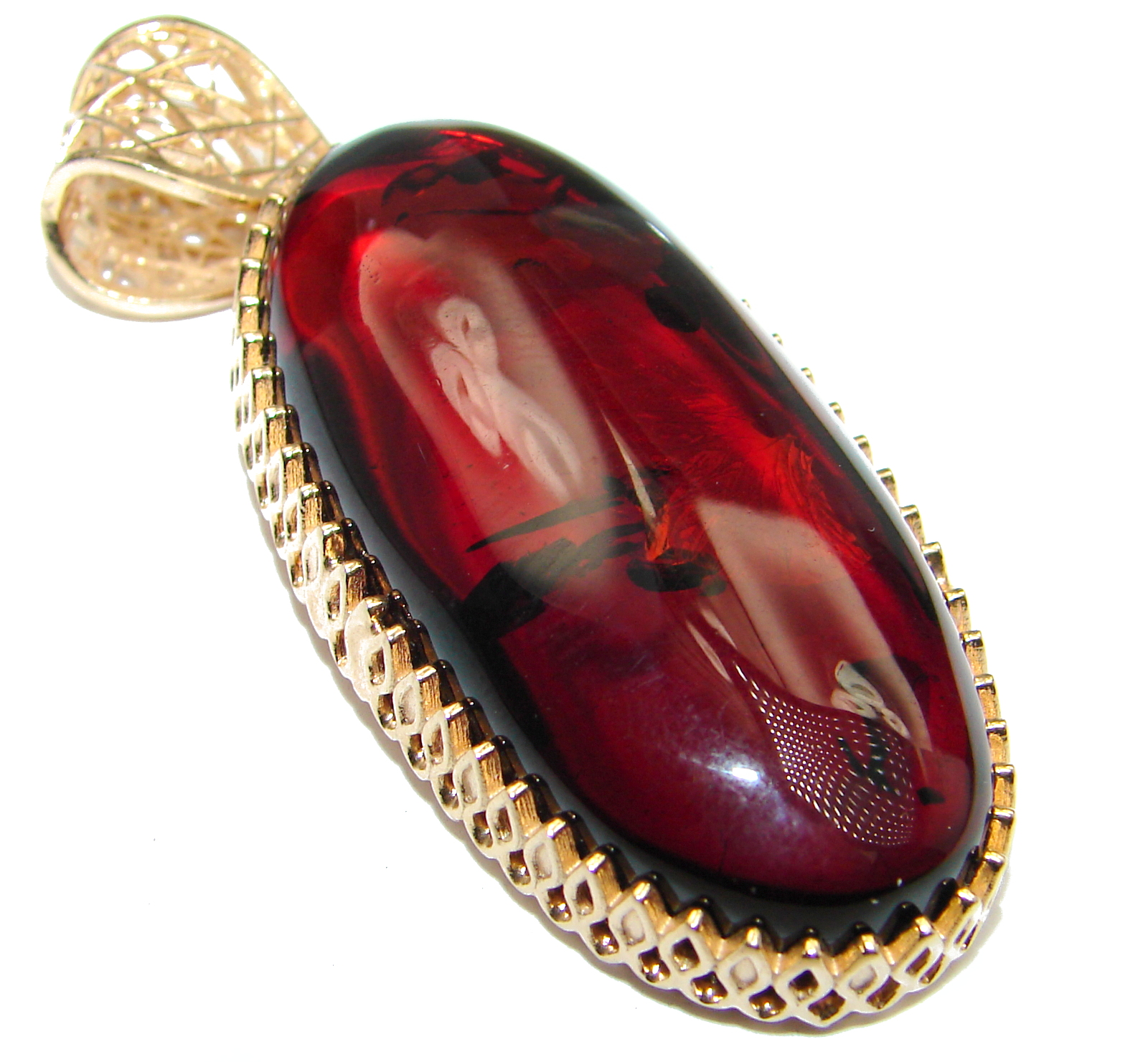 Cherry natural Baltic Amber 18K Gold over .925 Sterling Silver handmade Pendant