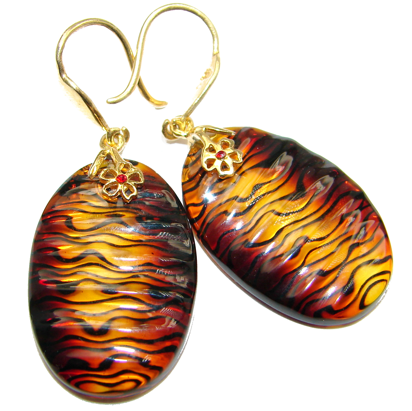 Genuine carved Baltic Amber 18K Gold over .925 Sterling Silver Earrings