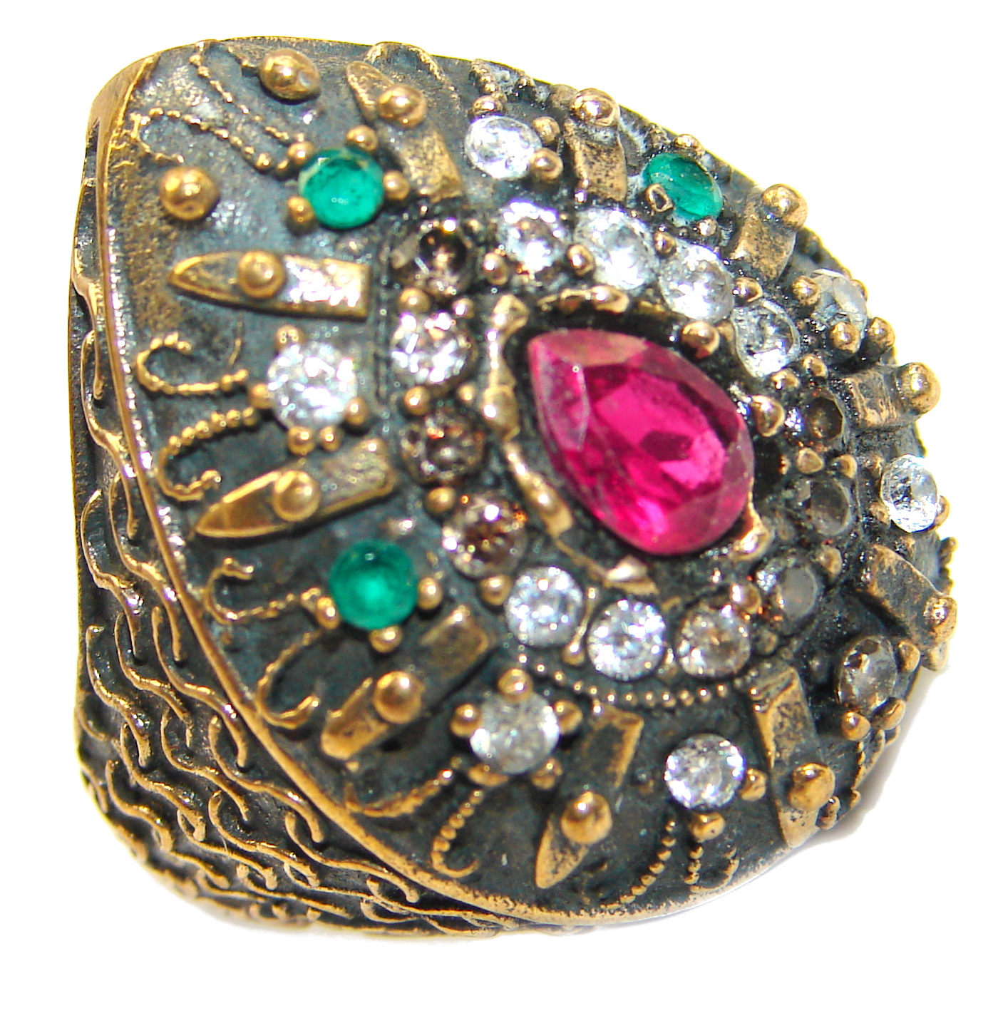 Large Victorian Style created Ruby & White Topaz Sterling Silver ring; s. 6 1/2