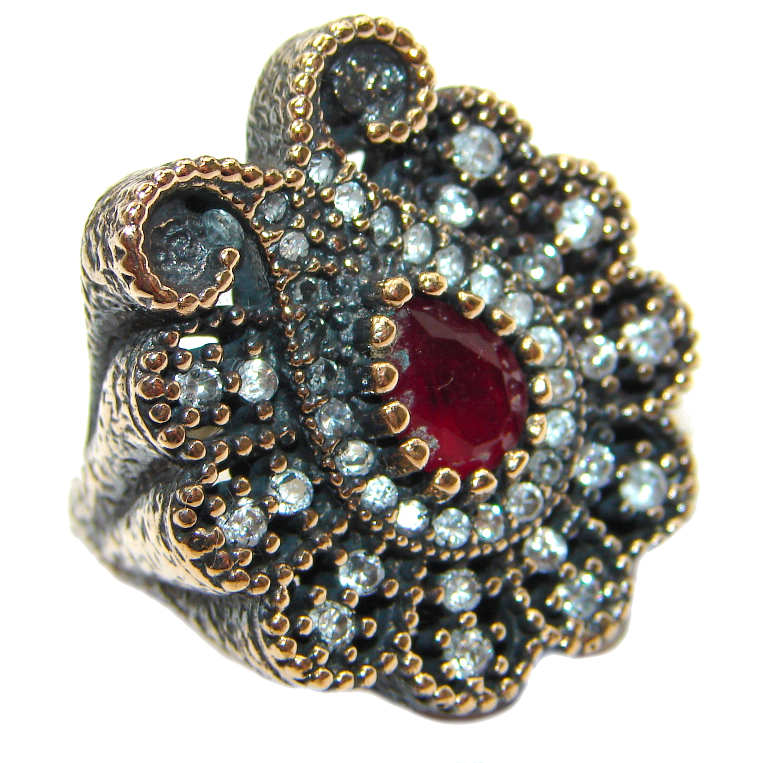 Large Victorian Style created Ruby & White Topaz Sterling Silver ring; s. 6 3/4