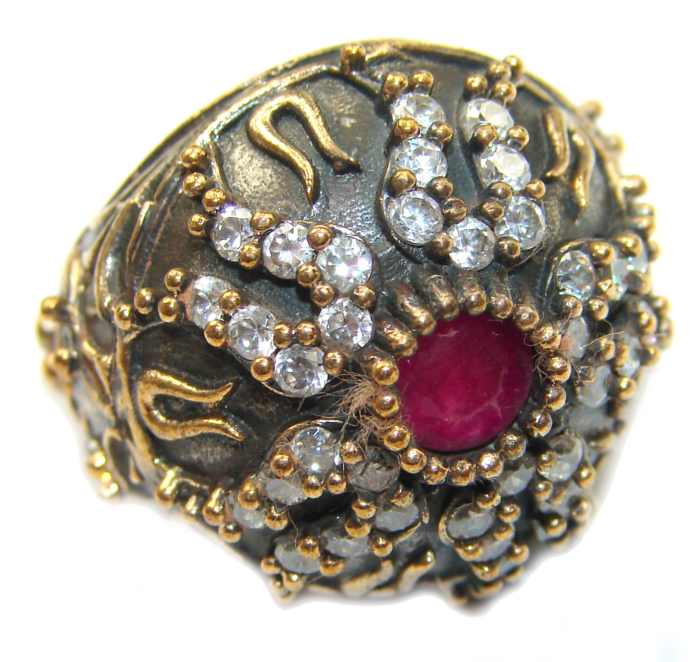 Large Victorian Style created Ruby & White Topaz Sterling Silver ring; s. 6 1/2