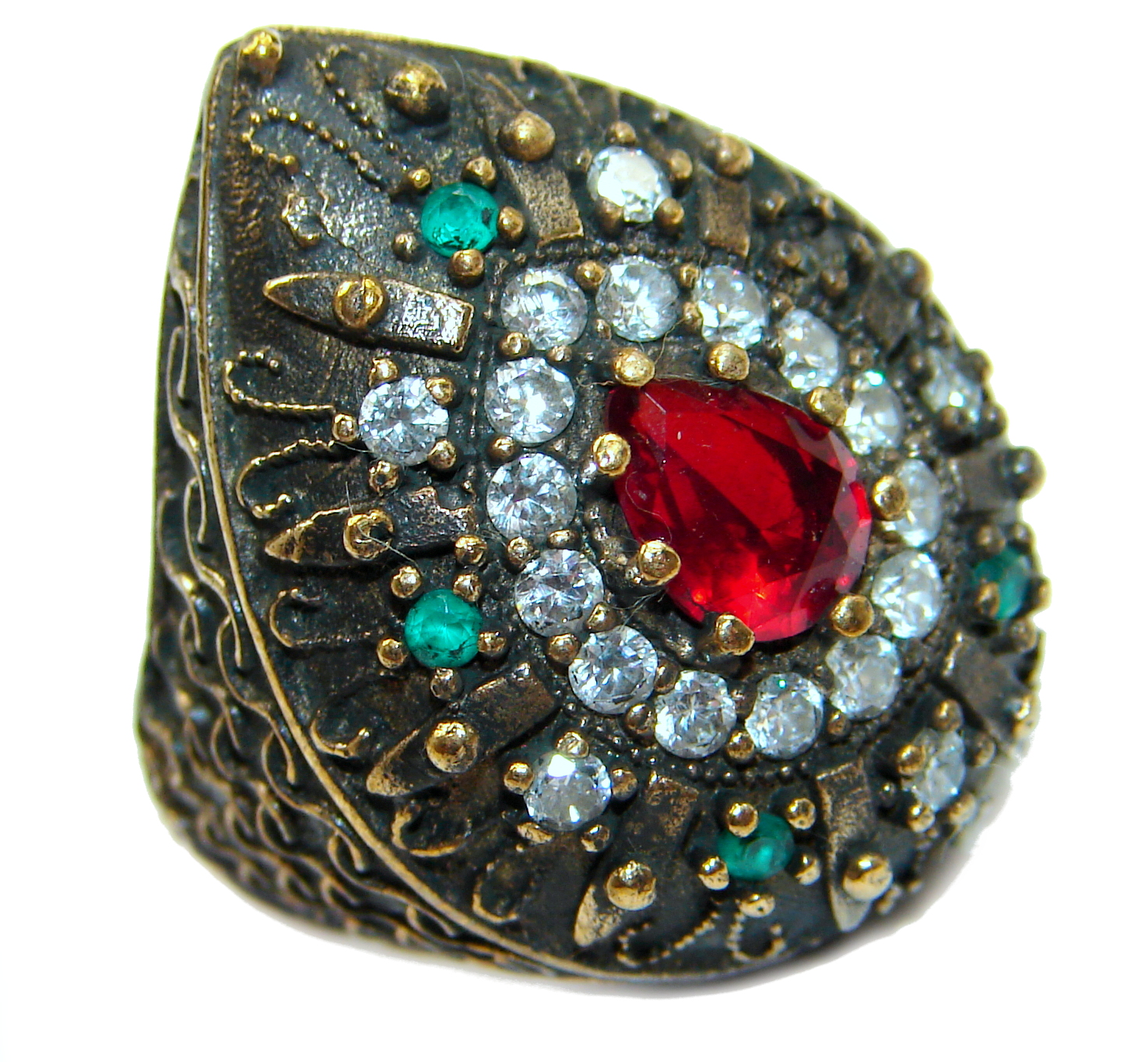 Large Victorian Style created Ruby & White Topaz Sterling Silver ring; s. 6