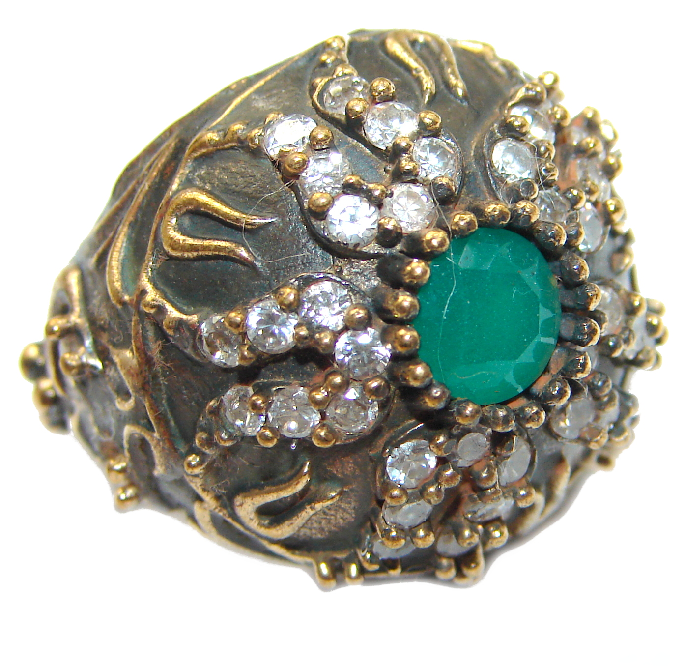 Victorian Style created Emerald & White Topaz Sterling Silver Ring s. 6 1/4