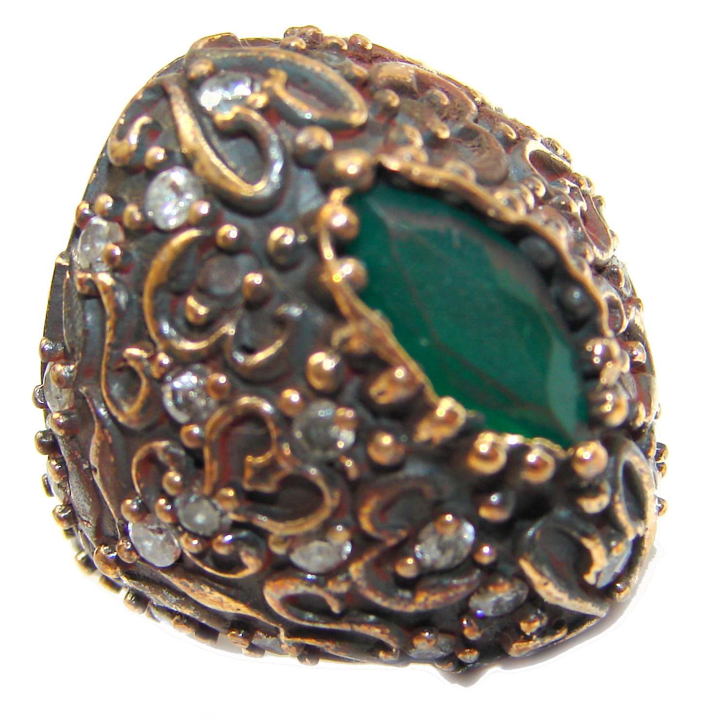 Victorian Style created Emerald & White Topaz Sterling Silver Ring s. 5 1/4