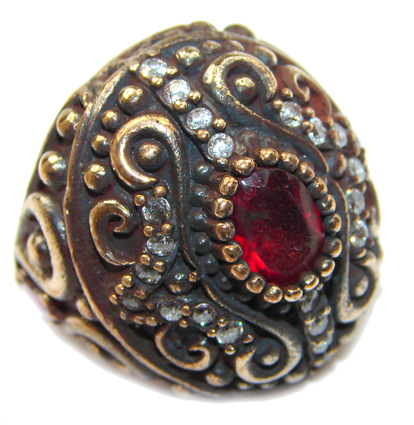 Large Victorian Style created Ruby & White Topaz Sterling Silver ring; s. 7