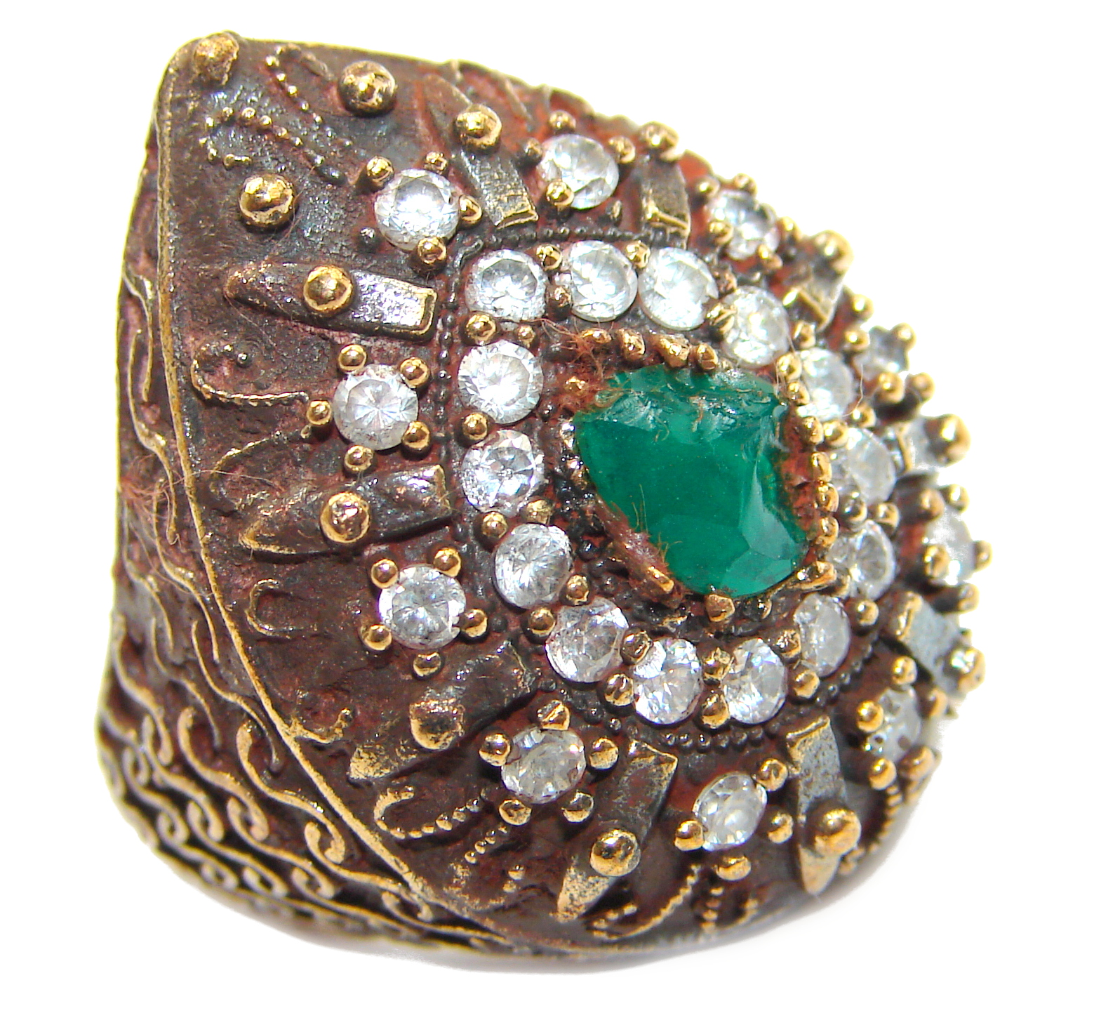 Victorian Style created Emerald & White Topaz Copper over Sterling Silver ring; s. 5 1/4