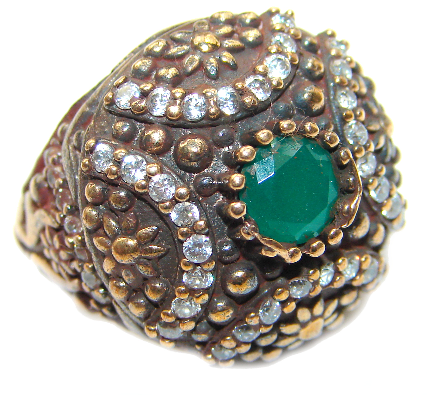 Victorian Style created Emerald & White Topaz Sterling Silver Ring s. 6 1/4