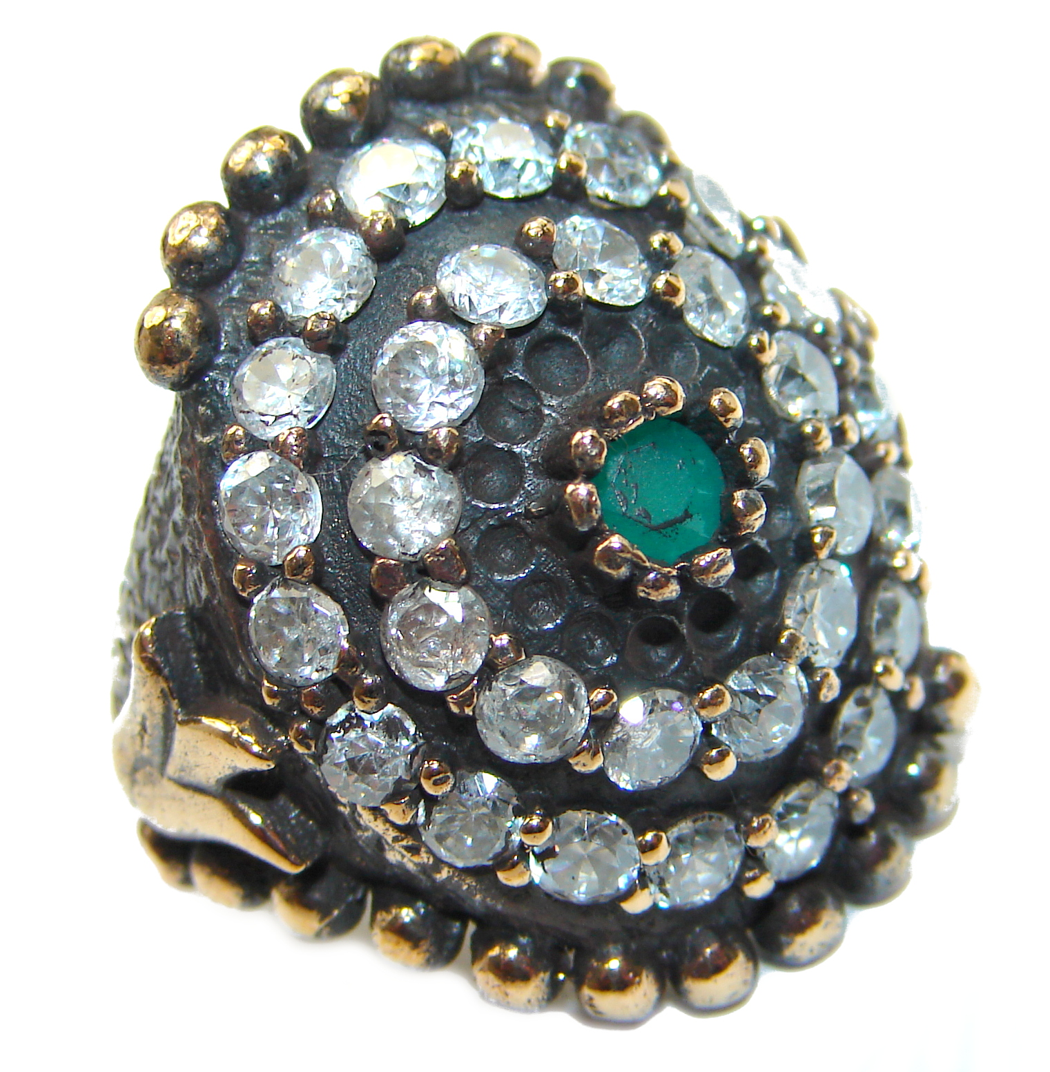 Victorian Style created Emerald & White Topaz Sterling Silver Ring s. 6 1/4