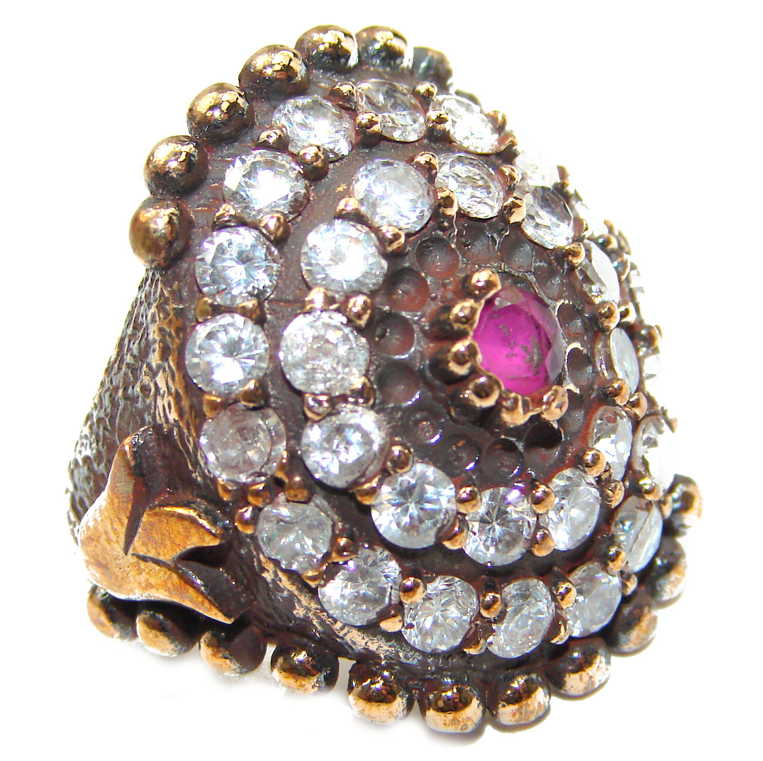 Large Victorian Style created Ruby & White Topaz Sterling Silver ring; s. 6