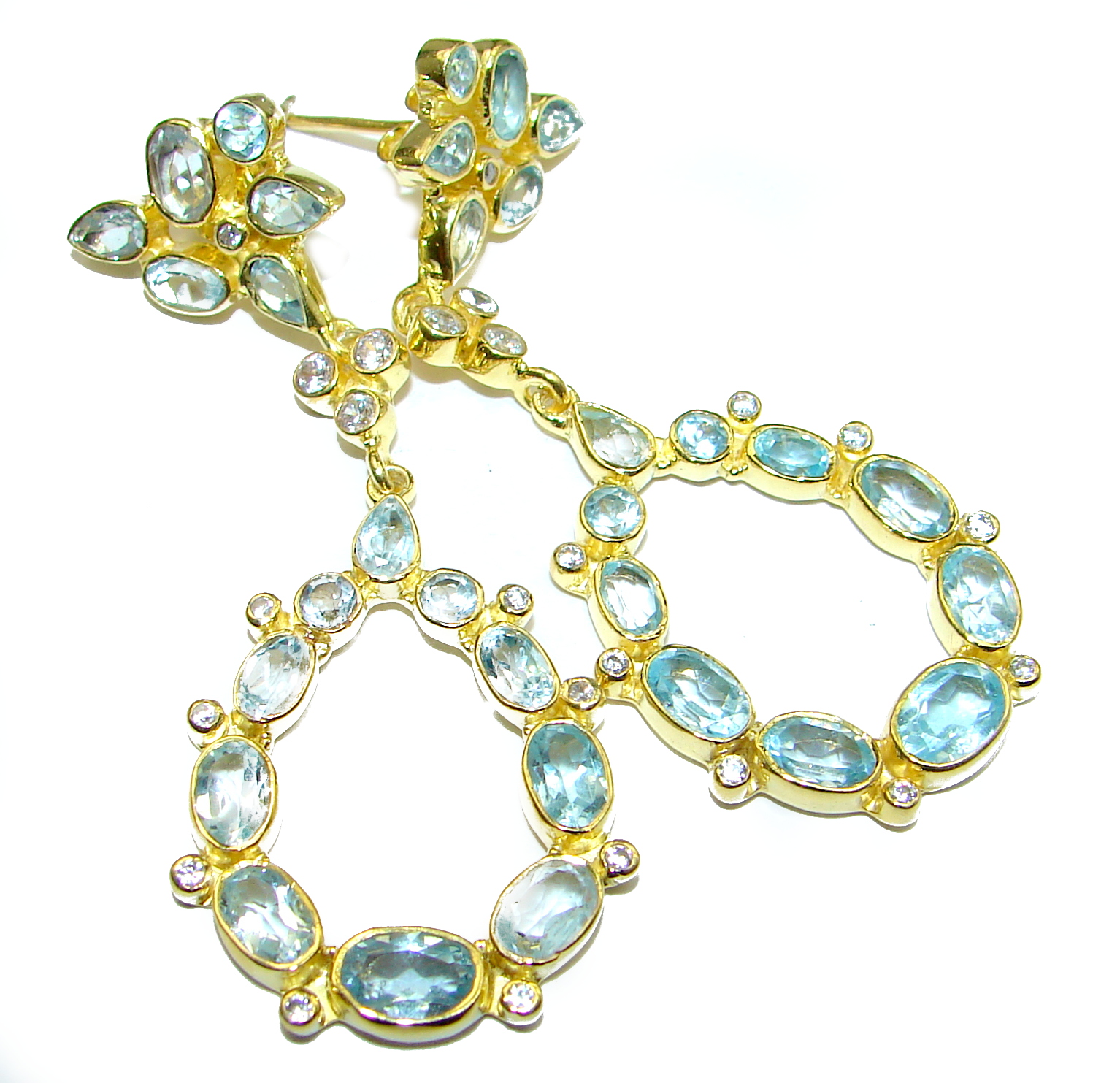 Impressive genuine Swiss Blue Topaz 14k Gold over .925 Sterling Silver handmade earrings