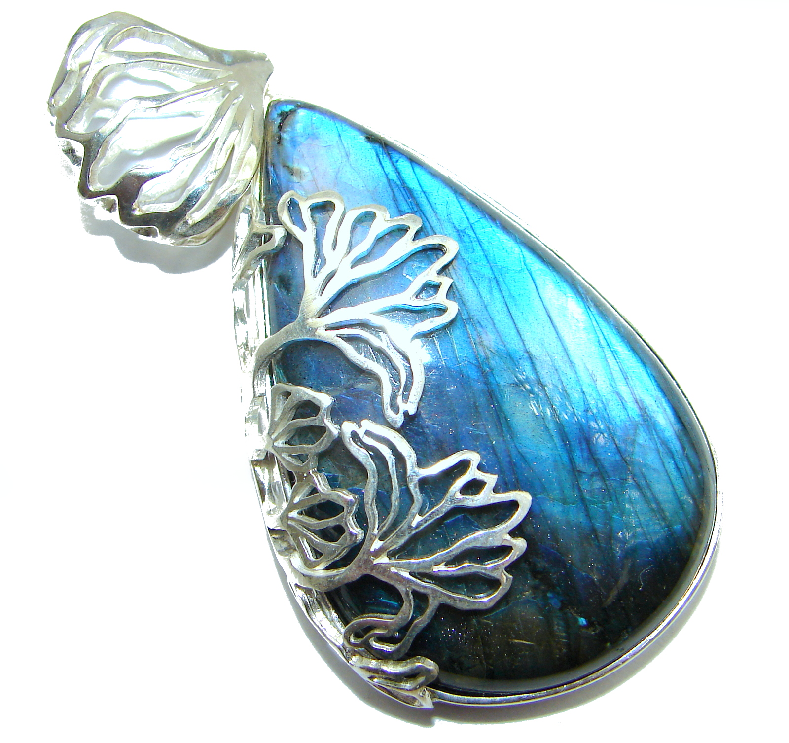 Art nouveau Fire Labradorite .925 Sterling Silver handmade Pendant