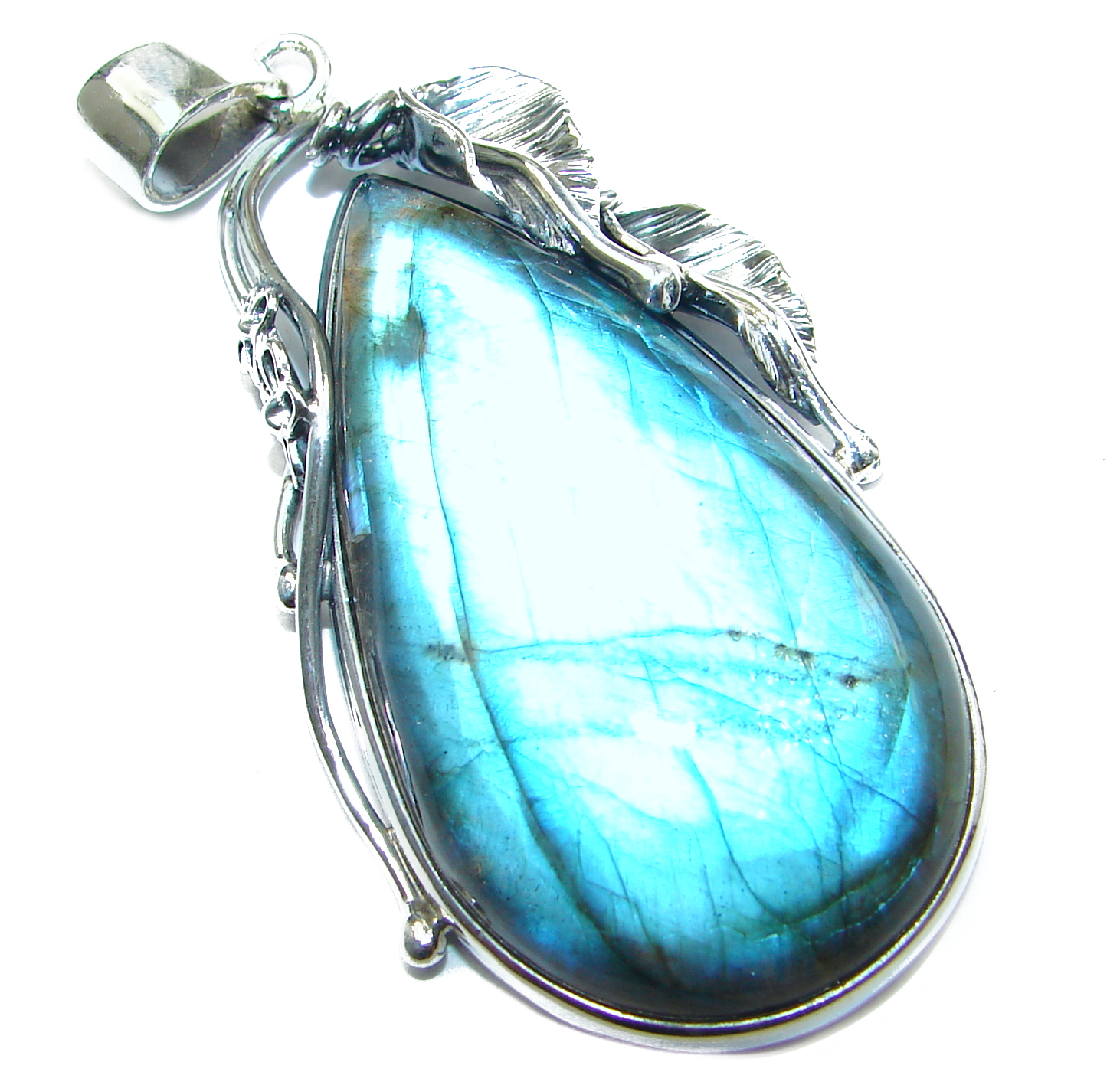 Art Nouveau Fire Labradorite .925 Sterling Silver handmade Pendant