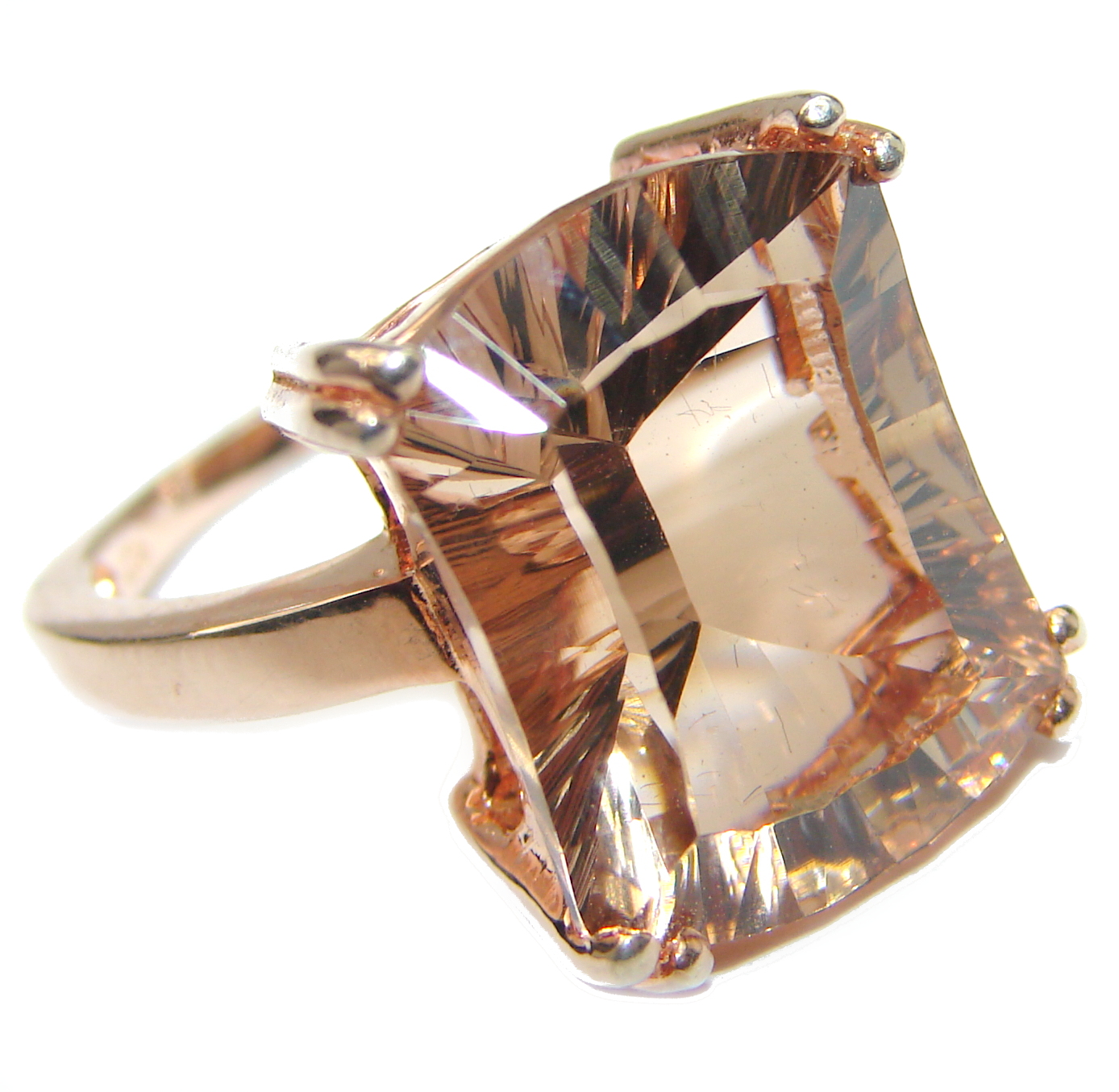 Emerald cut Morganite 14K Rose Gold over .925 Sterling Silver handcrafted ring s. 6