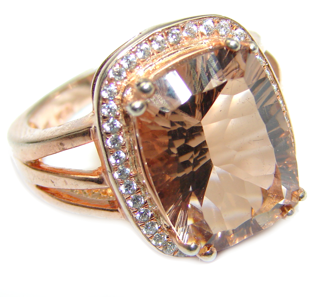 Emerald cut Morganite 14K Rose Gold over .925 Sterling Silver handcrafted ring s. 7 3/4