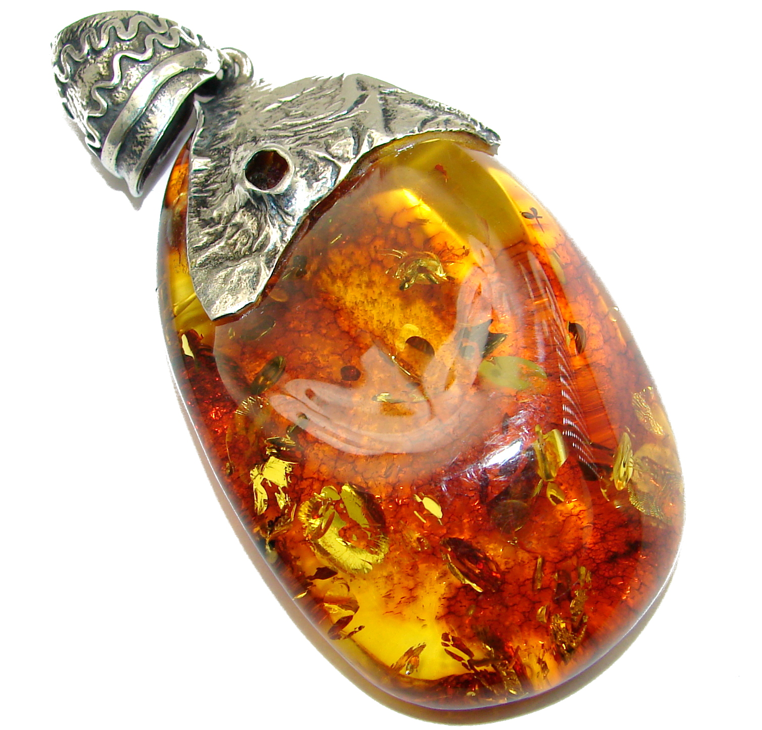 HUGE 3inches long Natural Baltic Amber .925 Sterling Silver handmade Pendant