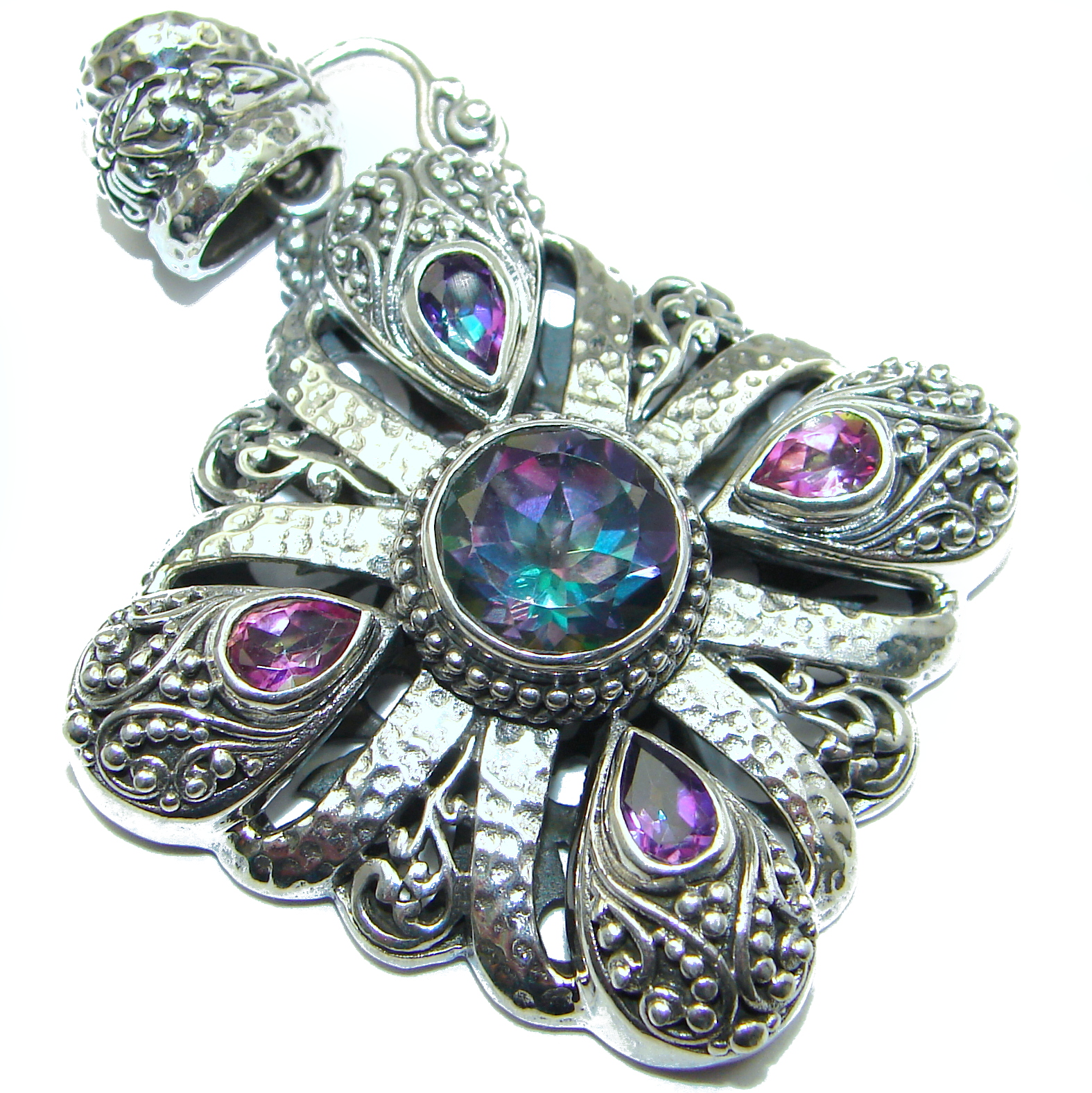 Big Vintage Design Blue Volcanic Magic Topaz oxidized .925 Sterling Silver Pendant