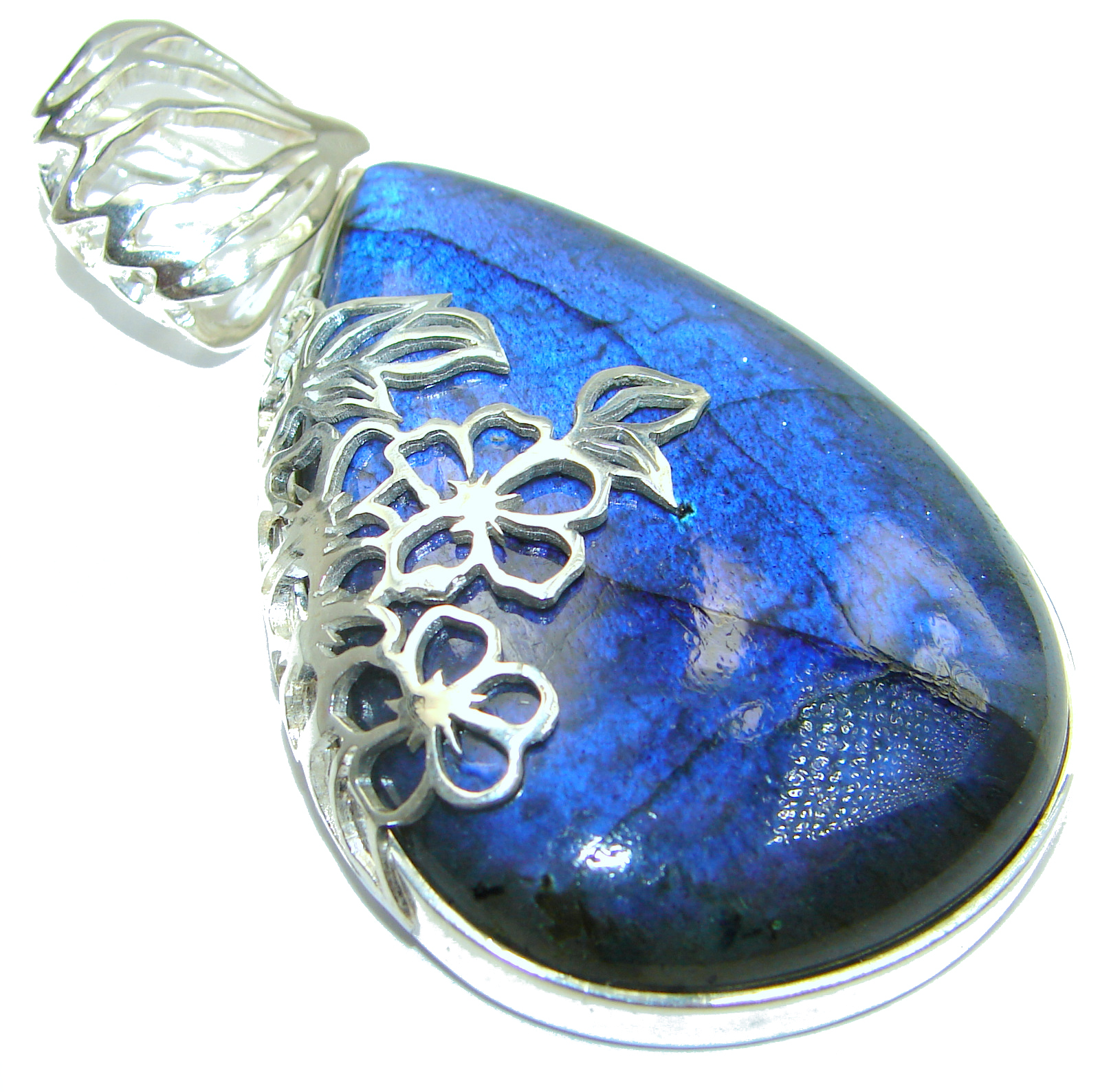 Art Nouveau Fire Labradorite .925 Sterling Silver handmade Pendant