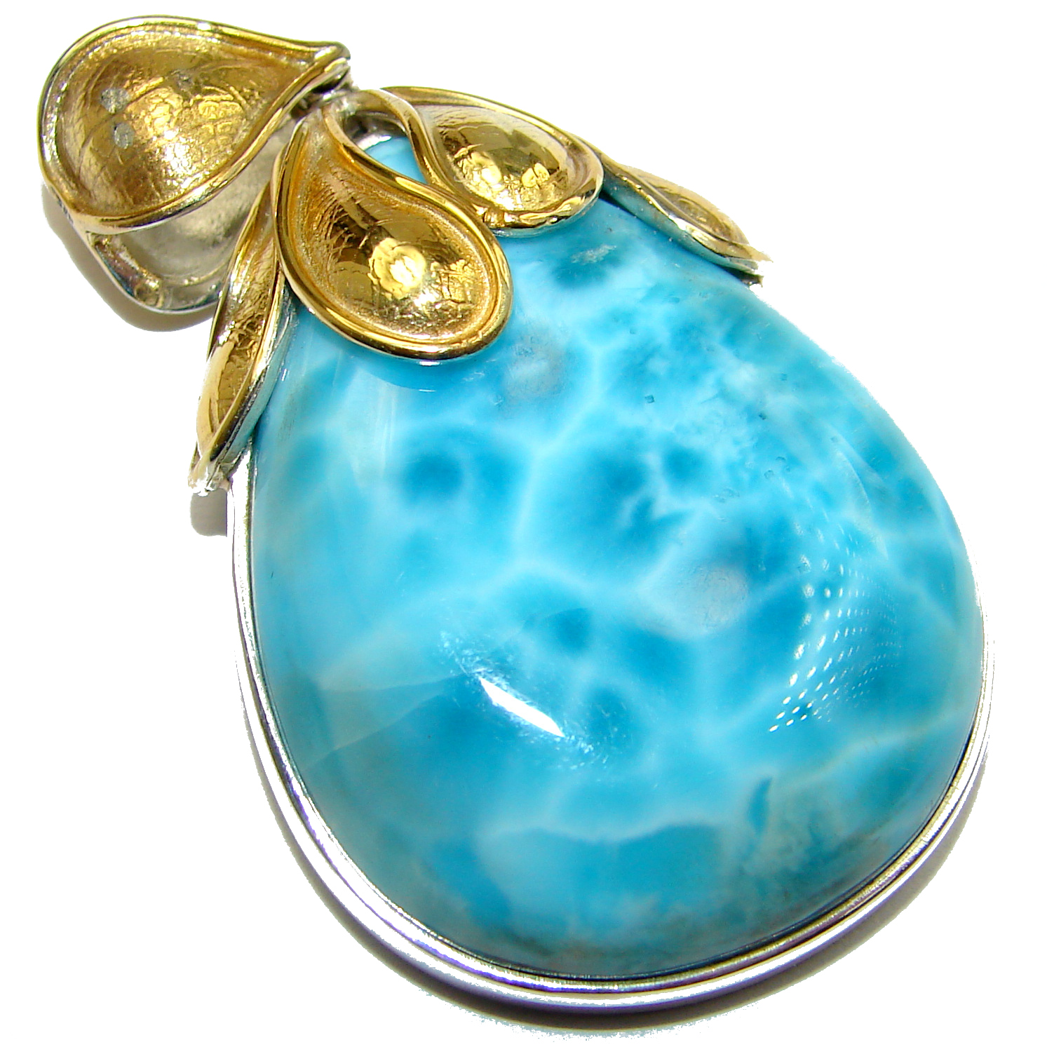 Vintage Style Beauty Larimar 14K Gold over .925 Sterling Silver handmade pendant
