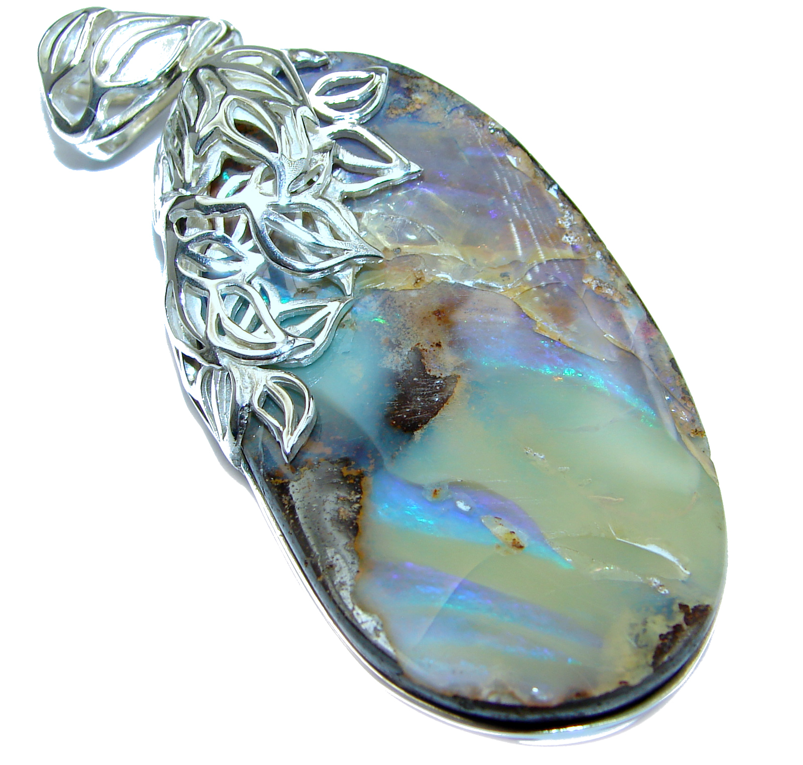Giant Rustic Design Authentic Australian Boulder Opal .925 Sterling Silver handmade Pendant