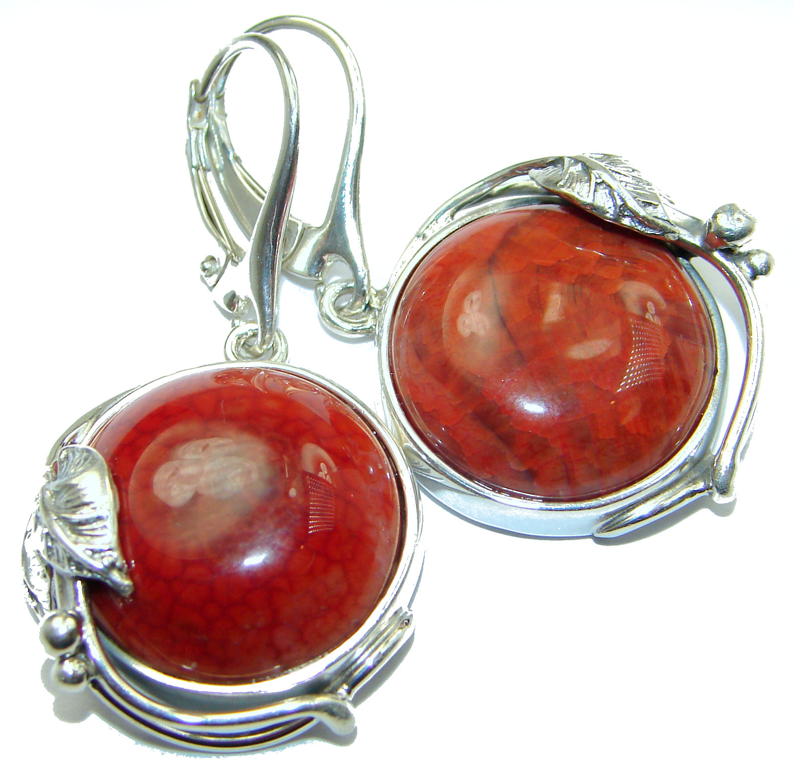 Unique Rustic Floral design Mexican Agate .925 Sterling Silver handmade earrings