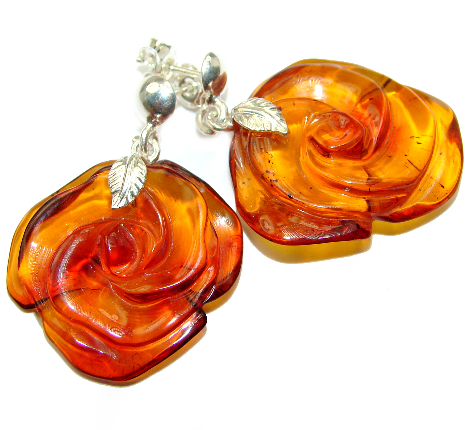 Genuine carved Roses Baltic Amber .925 Sterling Silver handcrafted Earrings