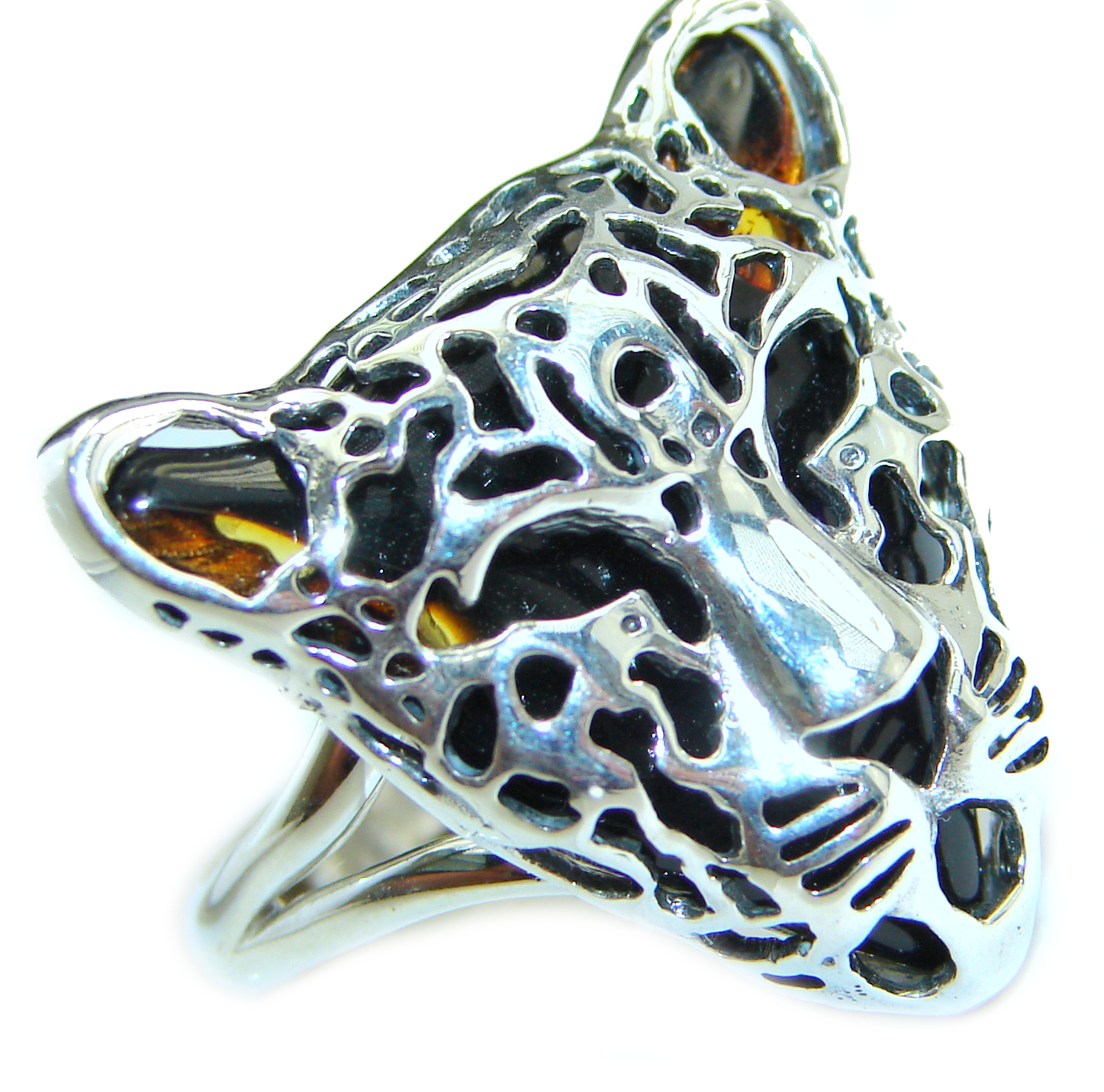 Leopart Genuine Baltic Polish Amber .925 Sterling Silver handmade Ring size 8 adjustable
