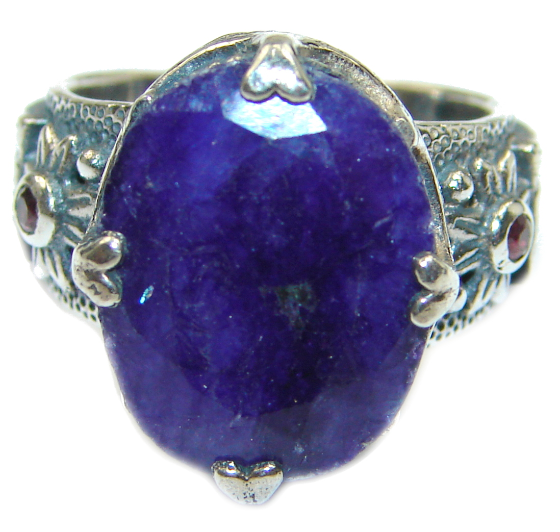 Large Vintage Style Sapphire & White Topaz Sterling Silver ring; s. 6 1/2