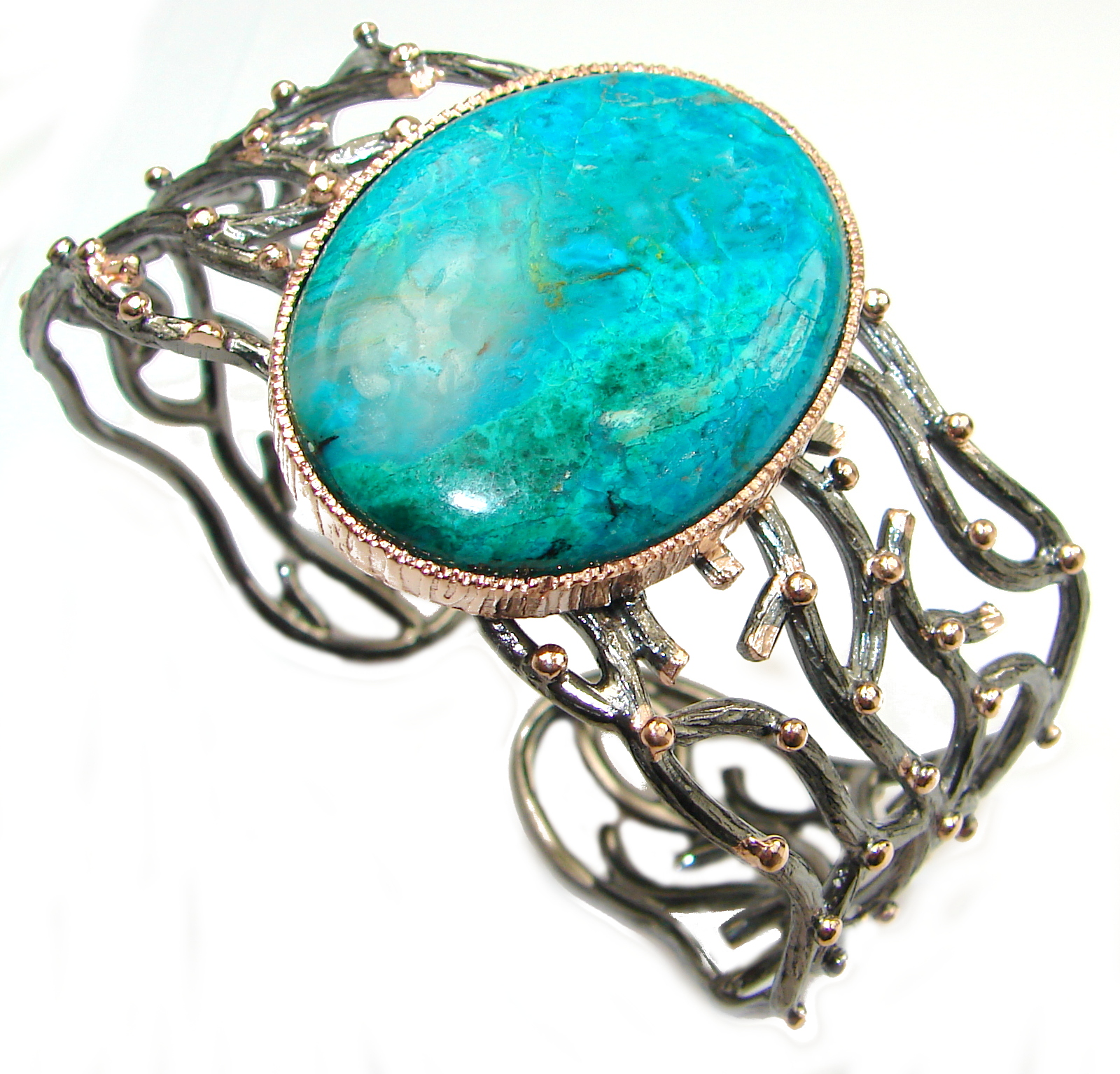 Genuine Chrysocolla Rose Gold over .925 Sterling Silver handmade Bracelet Cuff