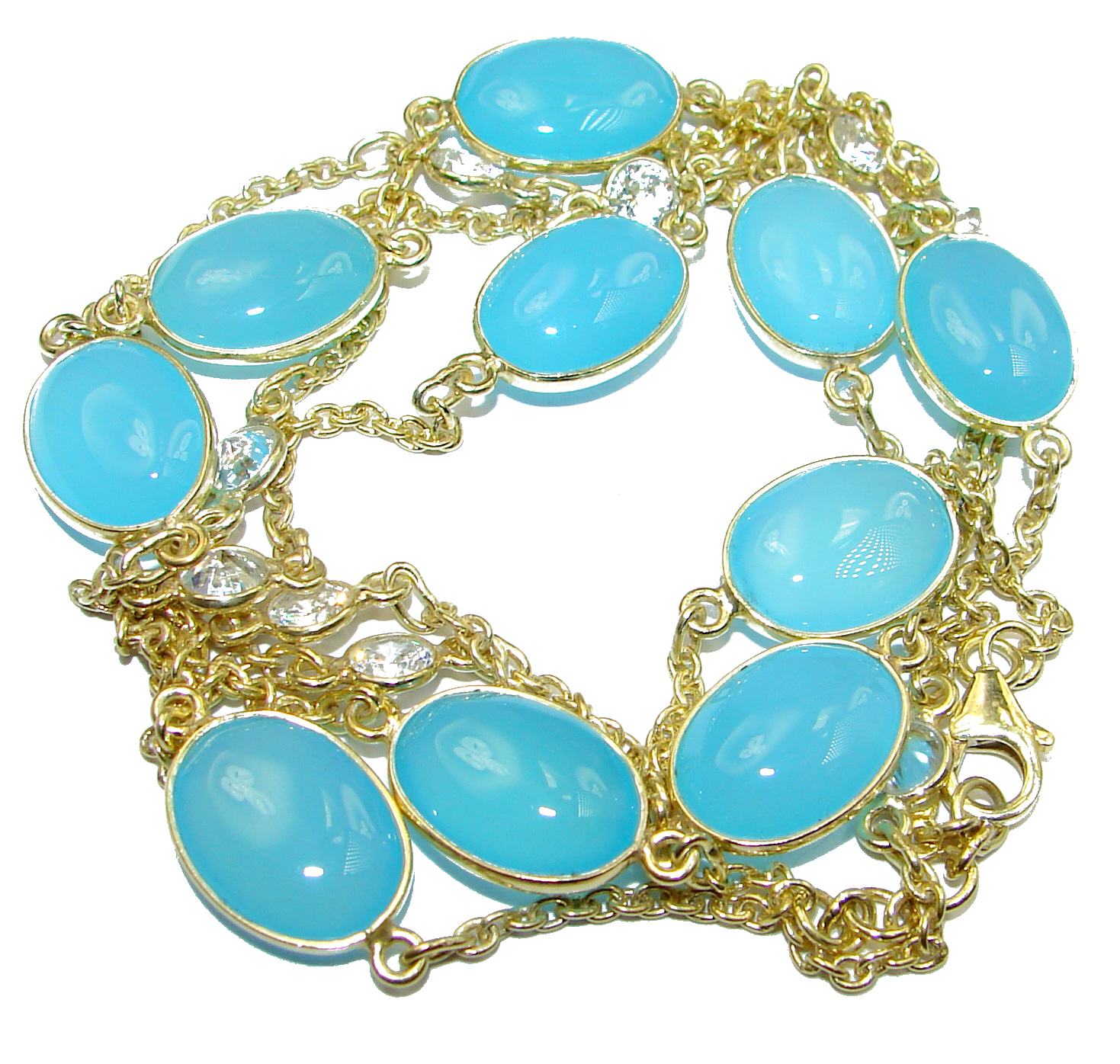36 inches genuine Chalcedony Agate gold over .925 Sterling Silver Station Necklace