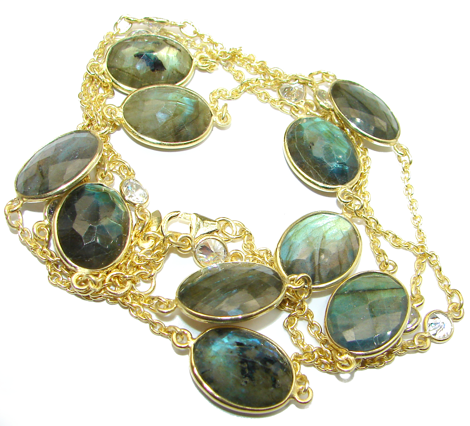 36 inches Genuine Fire Labradorite 14 K Gold over .925 Sterling Silver handmade Necklace
