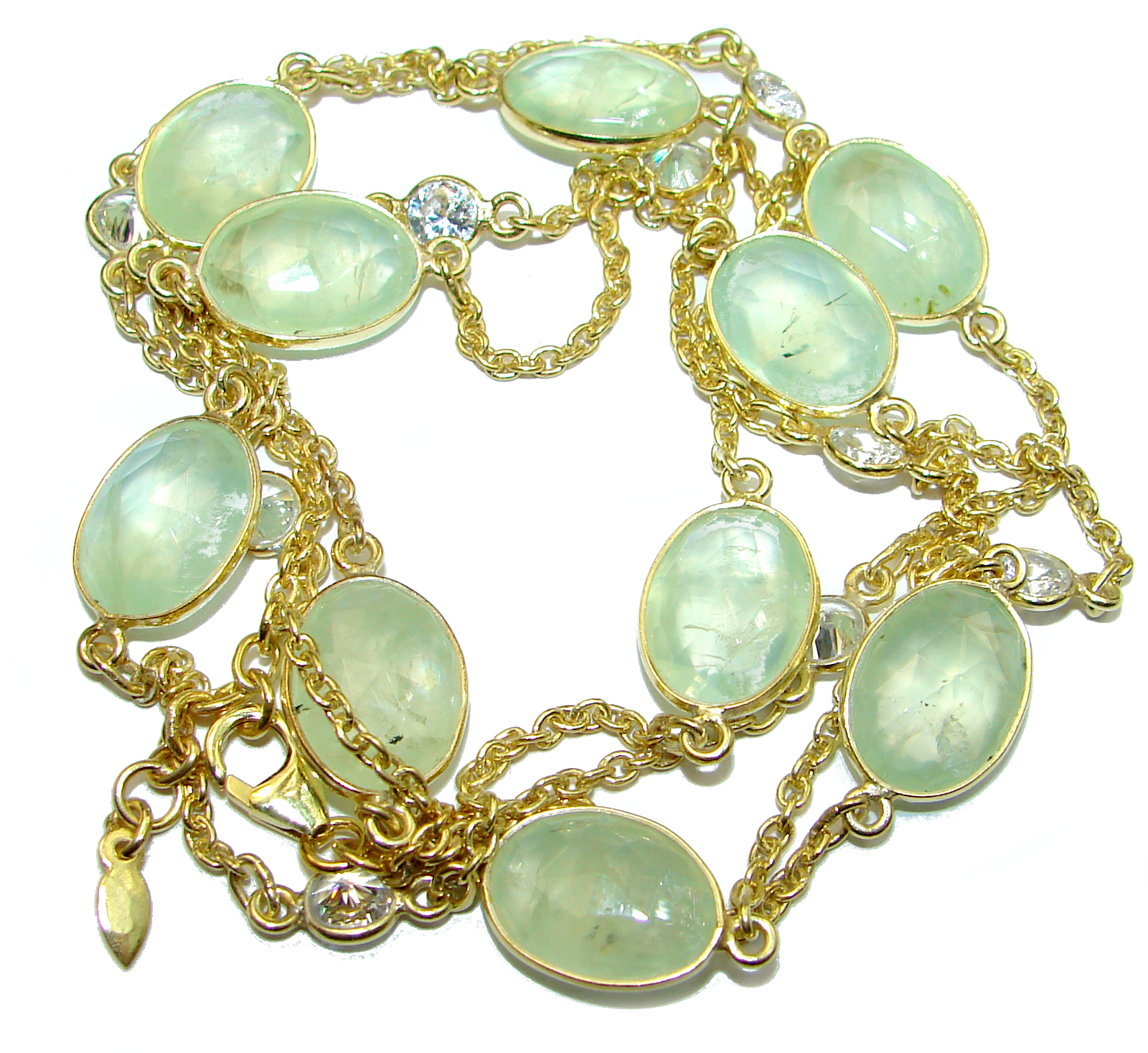 36 inches genuine Moss Prehnite White Topaz .925 Sterling Silver handmade station Necklace