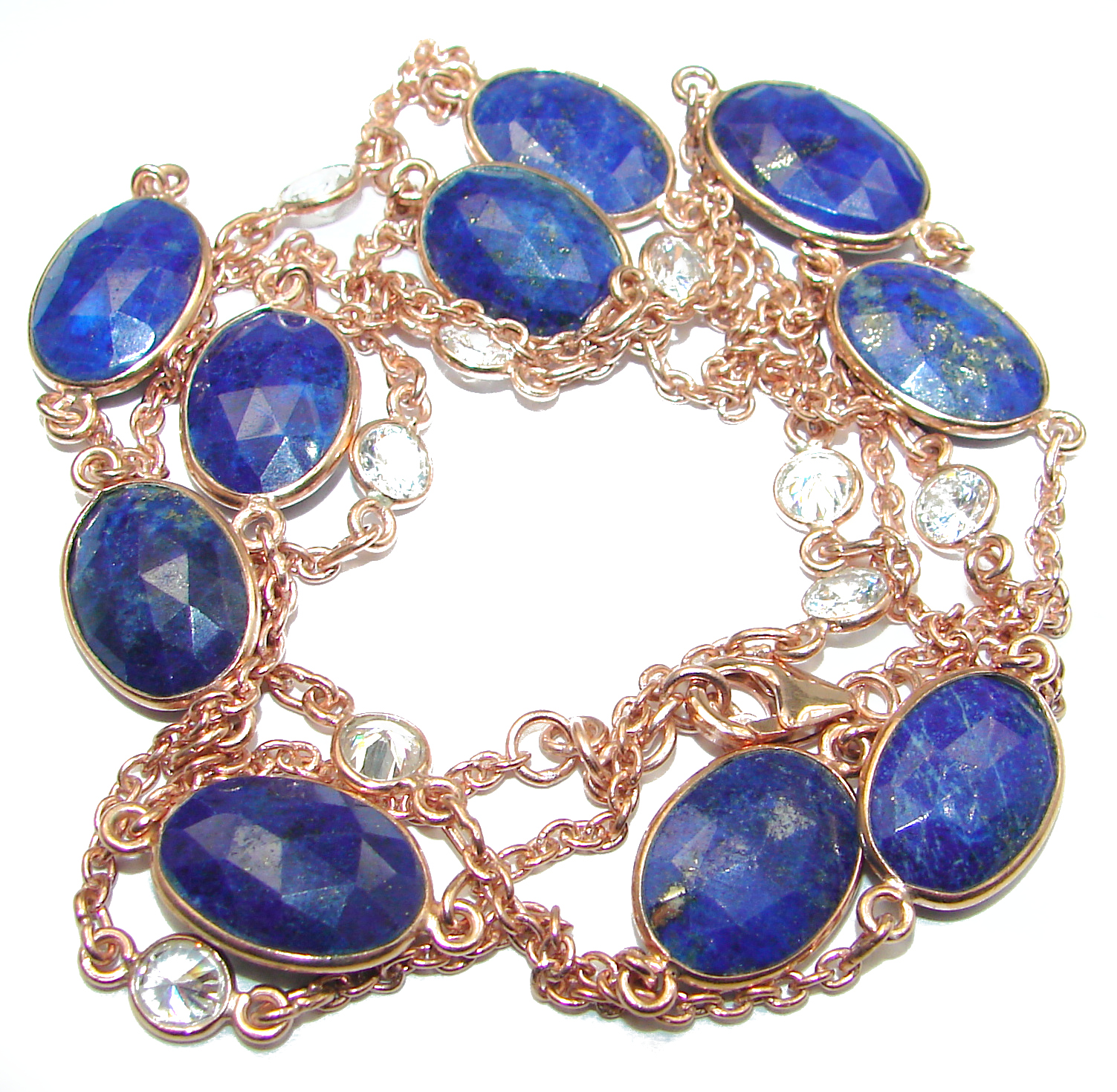 36 inches genuine Lapis Lazuli 14K Gold over .925 Sterling Silver Station Necklace