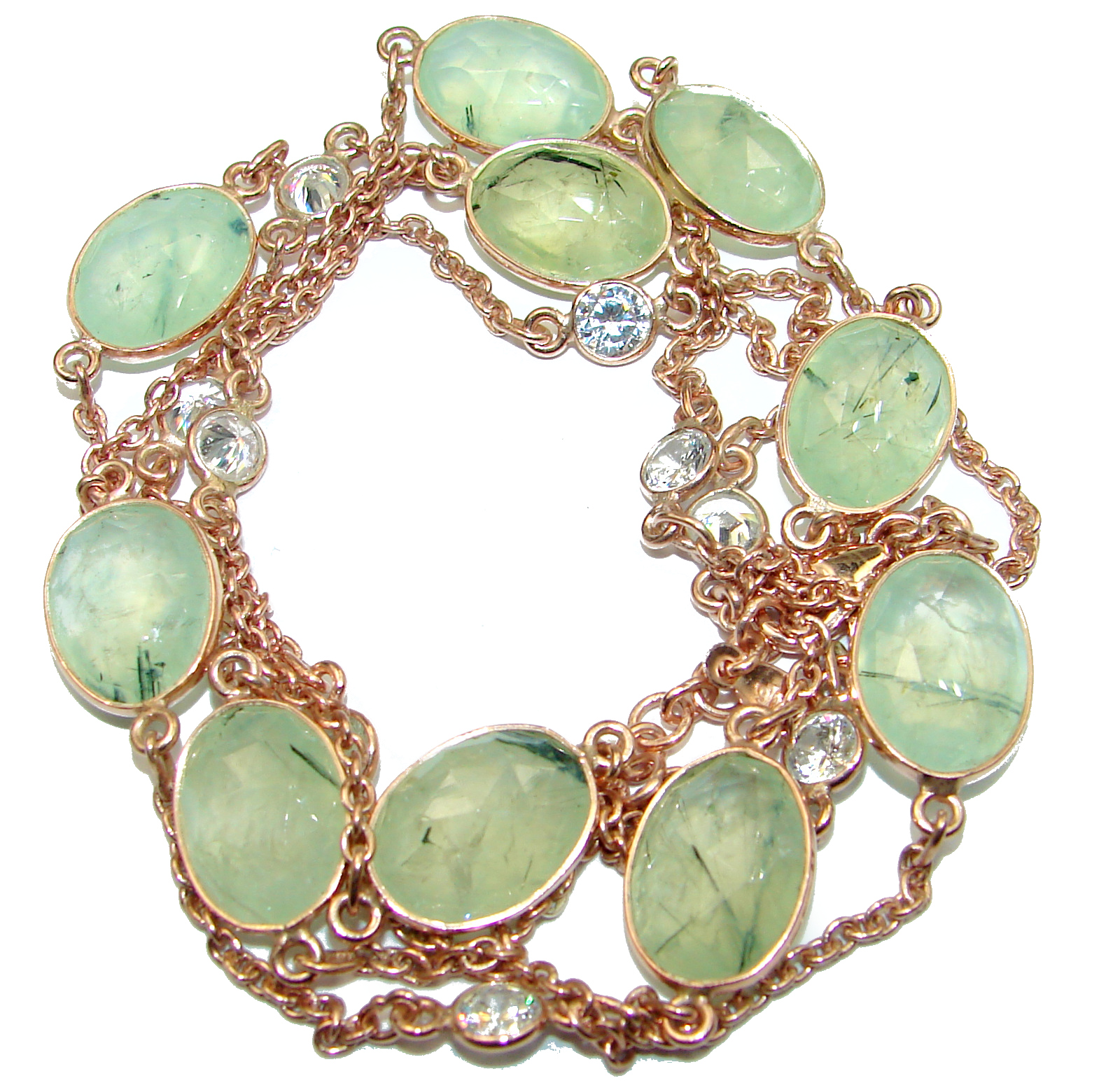 36 inches genuine Moss Prehnite White Topaz .925 Sterling Silver handmade station Necklace