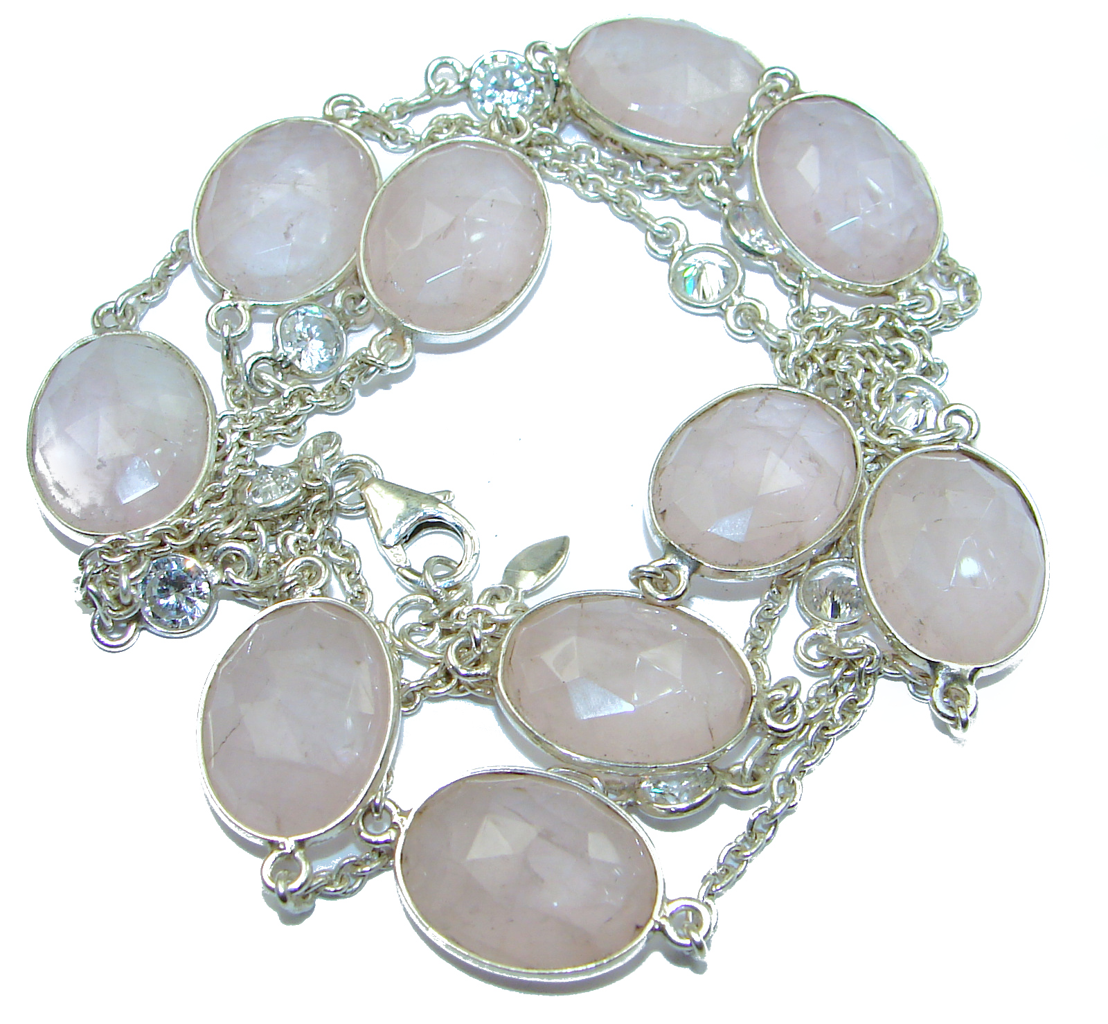 36 inches genuine Rose Quartz White Topaz .925 Sterling Silver handmade station Necklace
