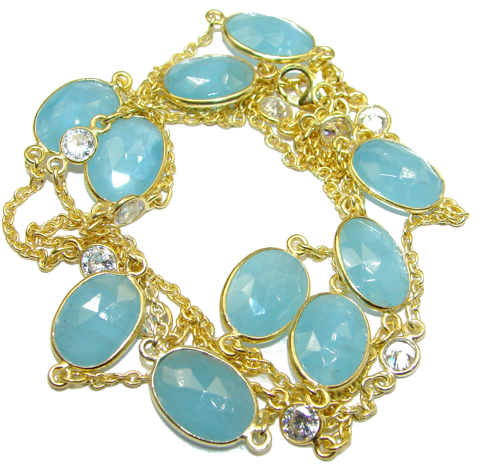 36 inches genuine Aquamarine White Topaz .925 Sterling Silver handmade station Necklace