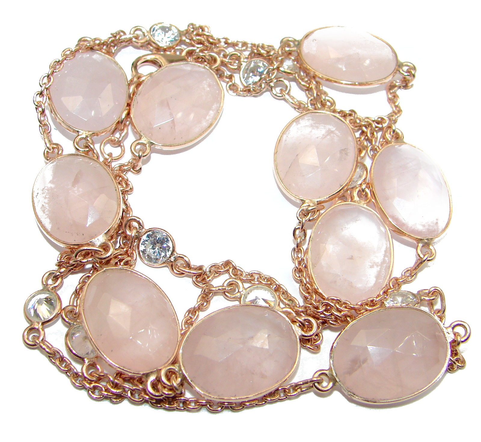 36 inches genuine Rose Quartz White Topaz .925 Sterling Silver handmade station Necklace