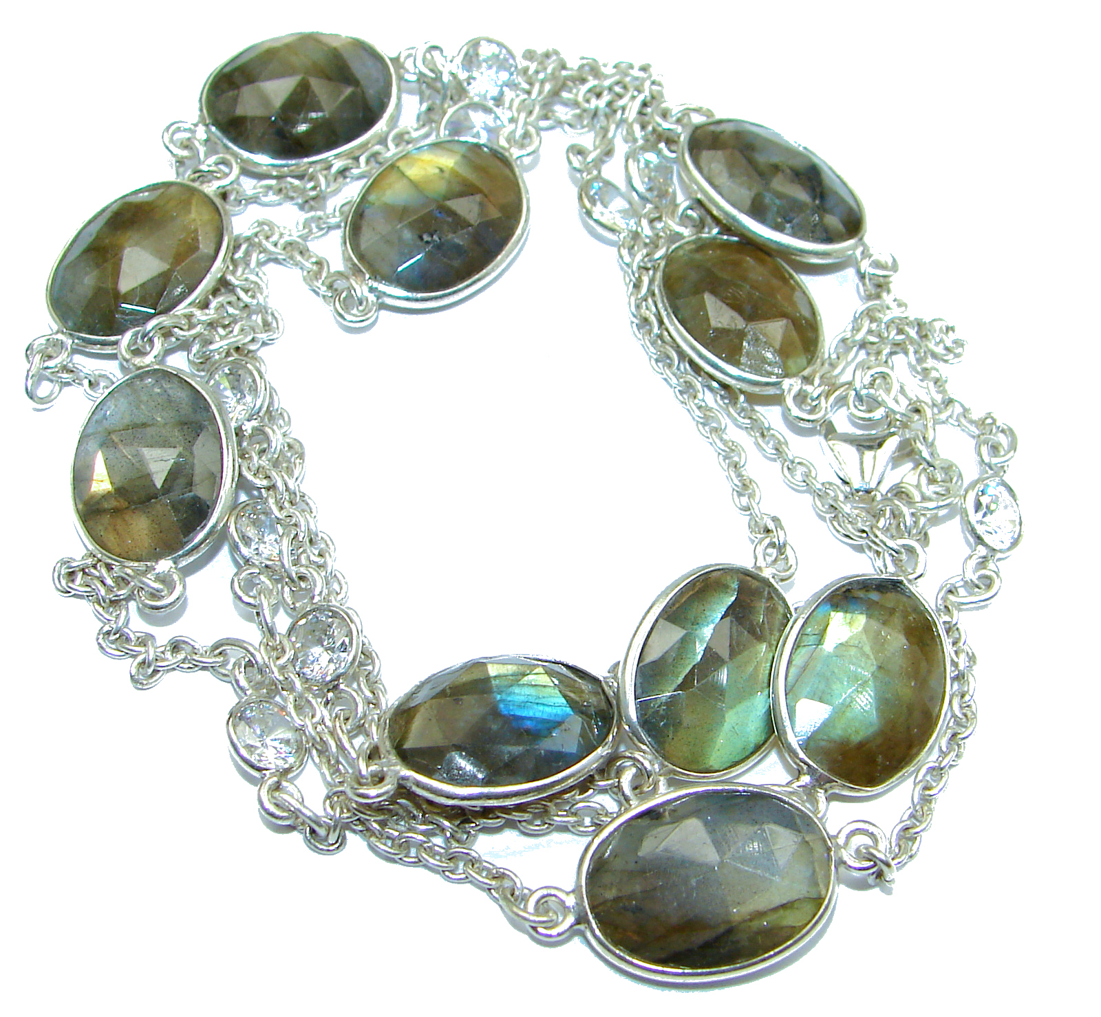 36 inches Genuine Fire Labradorite 14 K Gold over .925 Sterling Silver handmade Necklace
