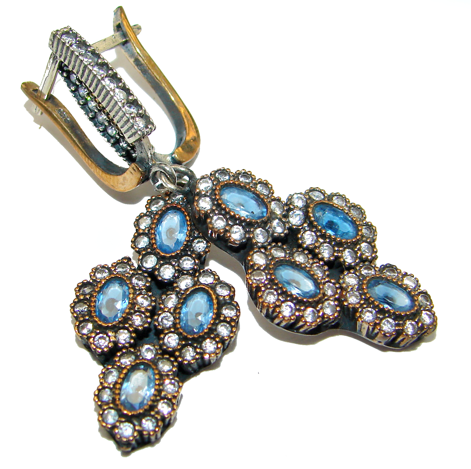 Victorian Style created Sapphire .925 Sterling Silver earrings