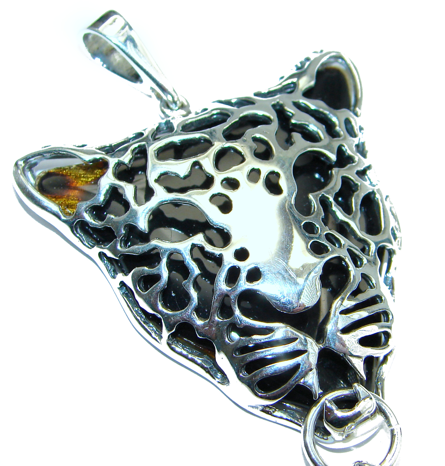 Cheetah Natural Baltic Amber .925 Sterling Silver handmade Pendant