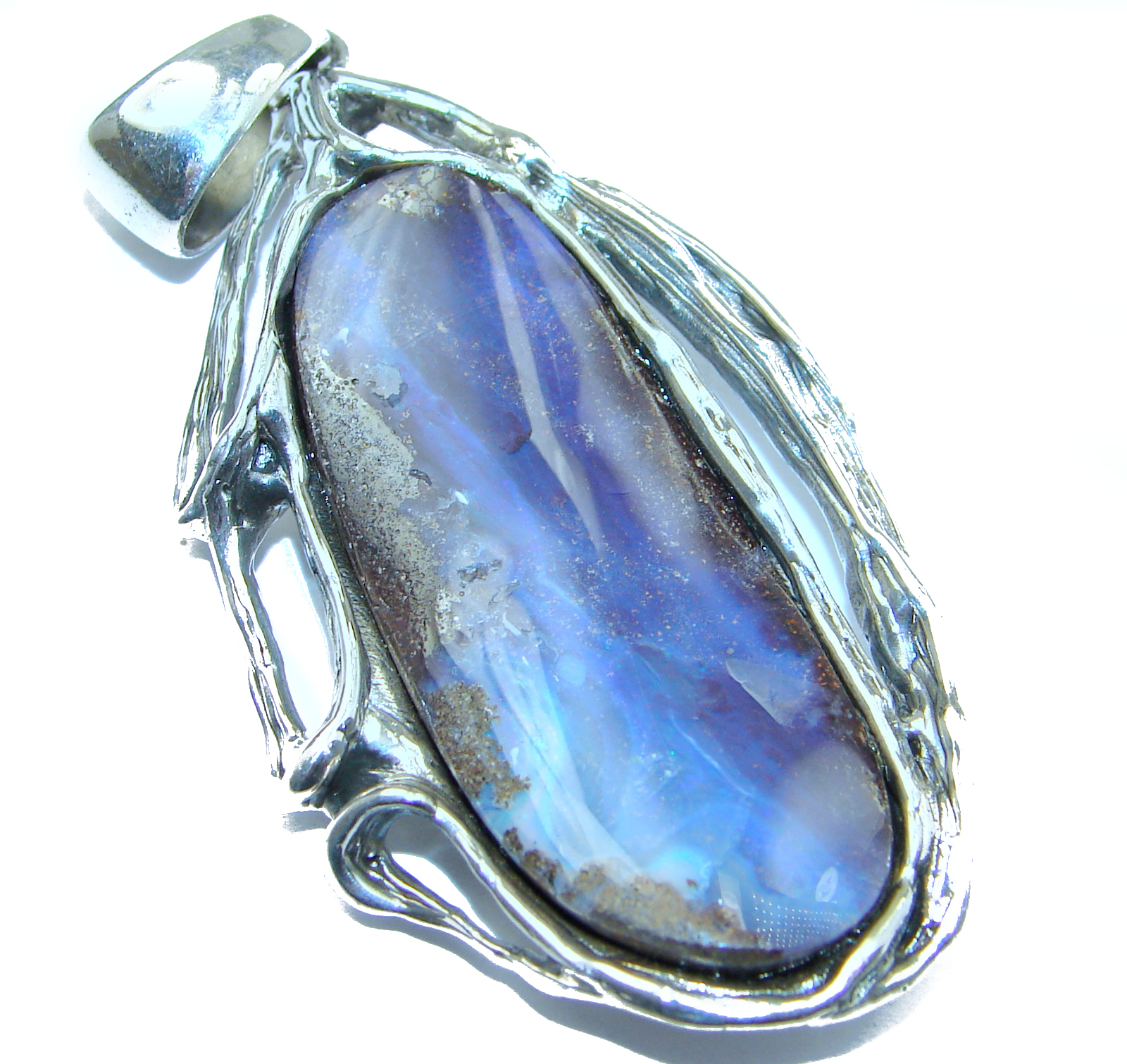Giant Rustic Design Authentic Australian Boulder Opal .925 Sterling Silver handmade Pendant