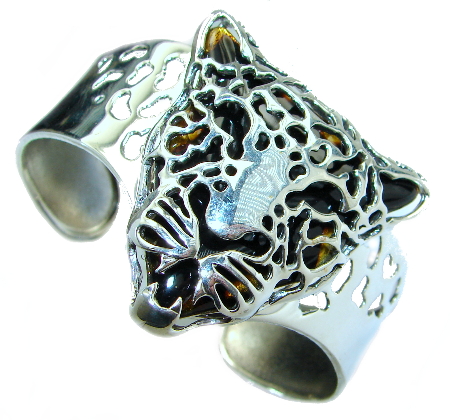 Huge Precious Cheetah Amber .925 Sterling Silver handmade Bracelet / Cuff