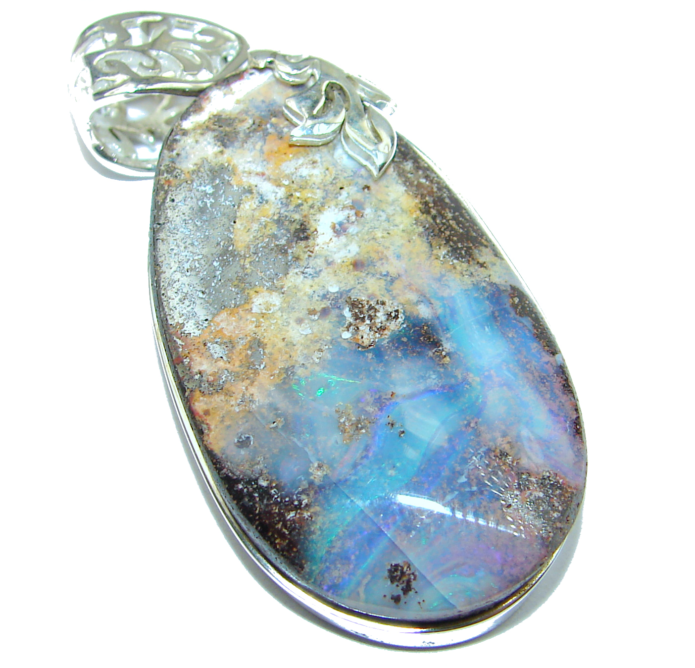 Rustic Design Authentic Australian Boulder Opal .925 Sterling Silver handmade Pendant