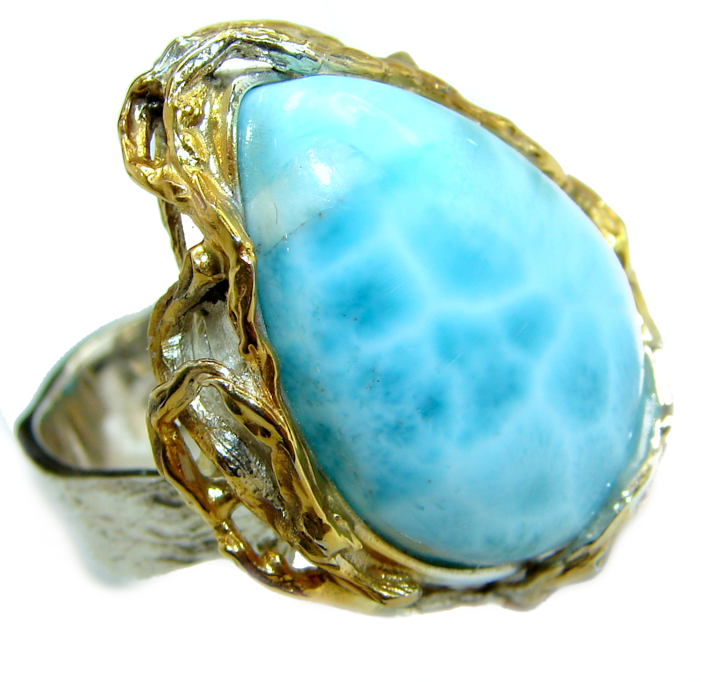 Natural Larimar 18K Good over .925 Sterling Silver handcrafted Ring s. 9